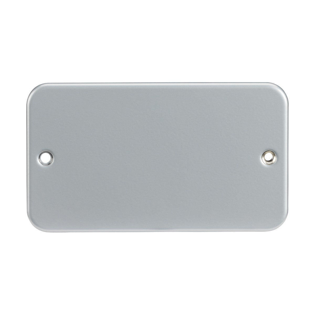 The Metal Clad 2 Gang Blanking Plate is a rectangular, light gray plate made from premium-grade steel. It has two small holes on each side and features a smooth, slightly reflective surface with a durable powder-coated finish.