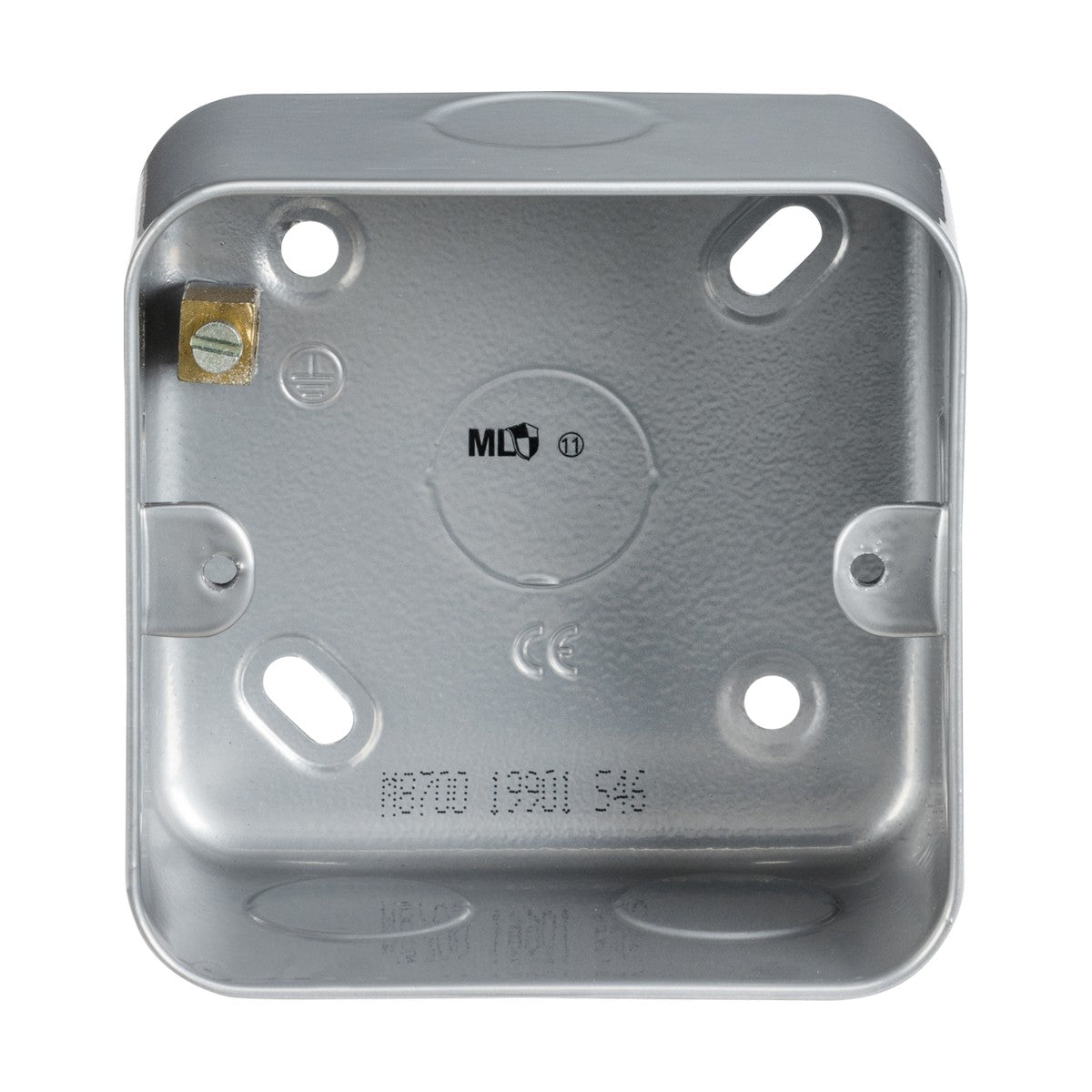 The Metal Clad 1 Gang Back Box is constructed from premium-grade steel, featuring a square design with four screw holes and an internal grounding lug. It includes embossed text and symbols to meet regulatory requirements, ensuring its heavy-duty build provides durability for housing electrical fittings.