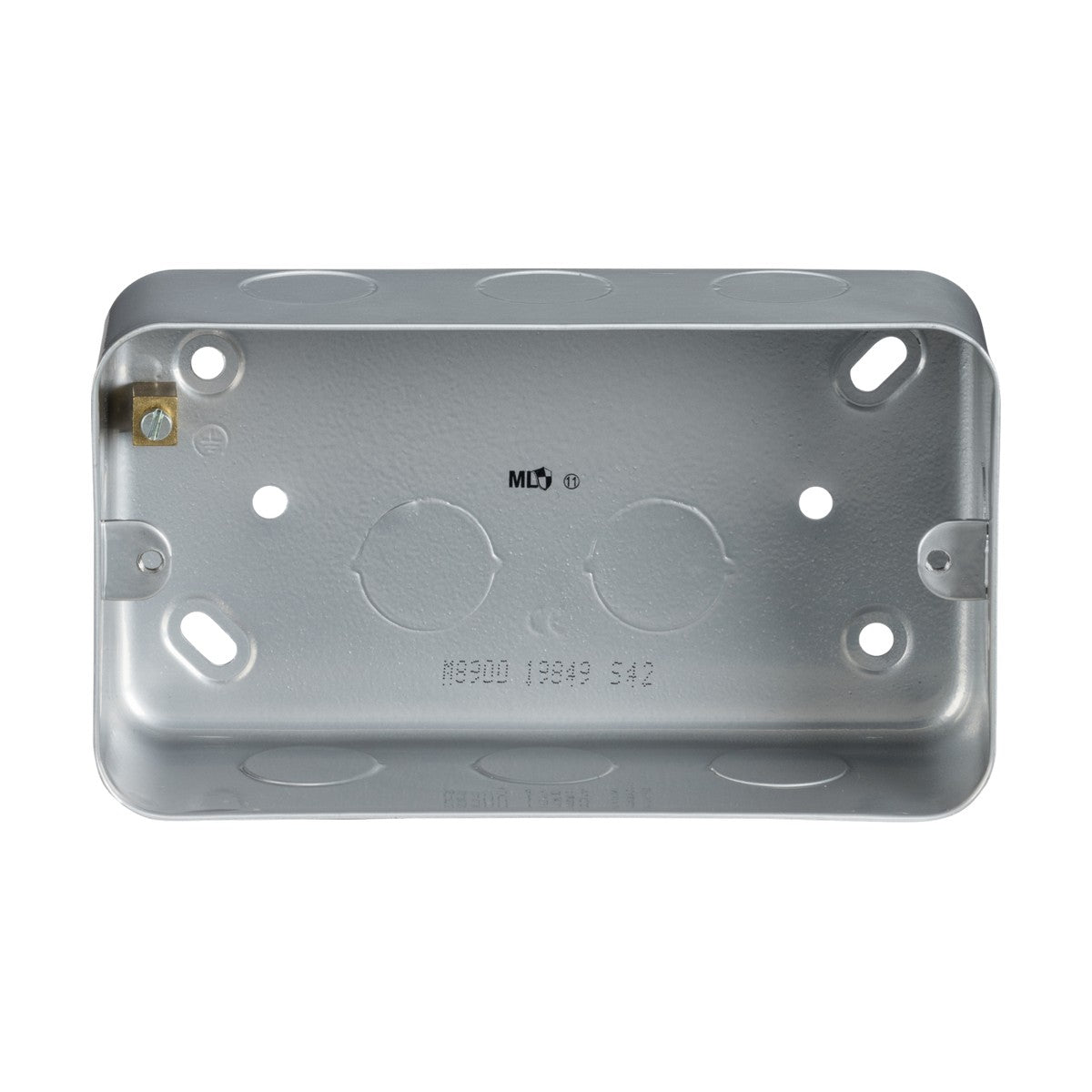 The Metal Clad 2 Gang Back Box is a rectangular electrical junction box made from premium grade steel, with multiple circular cutouts and screw holes. It has a smooth silver finish and is designed for heavy-duty use in housing critical electrical connections.