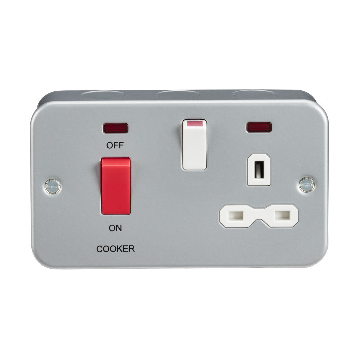 The Metal Clad 2 Gang 45A DP Cooker Switch And 13A Switched Socket Neons comes in a heavy-duty metal clad box featuring a silver electrical switch with a red 45A DP Cooker Switch labeled COOKER on the left, a white toggle switch in the center, and a switched socket outlet on the right with two vertical and one horizontal slot.