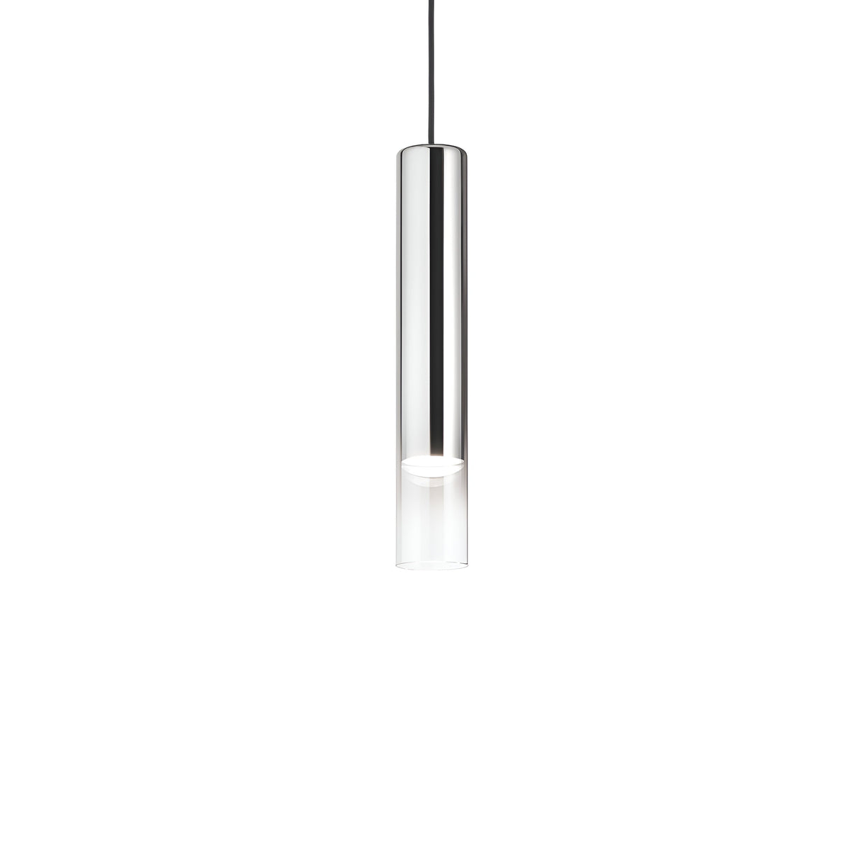 The Noctis 1 Light Pendant, featuring a sleek chrome design with a silver finish, hangs from an adjustable fabric cable against a plain white background. Its minimalist style showcases a smooth surface and emits a soft glow from the bottom, epitomizing modern industrial lighting.