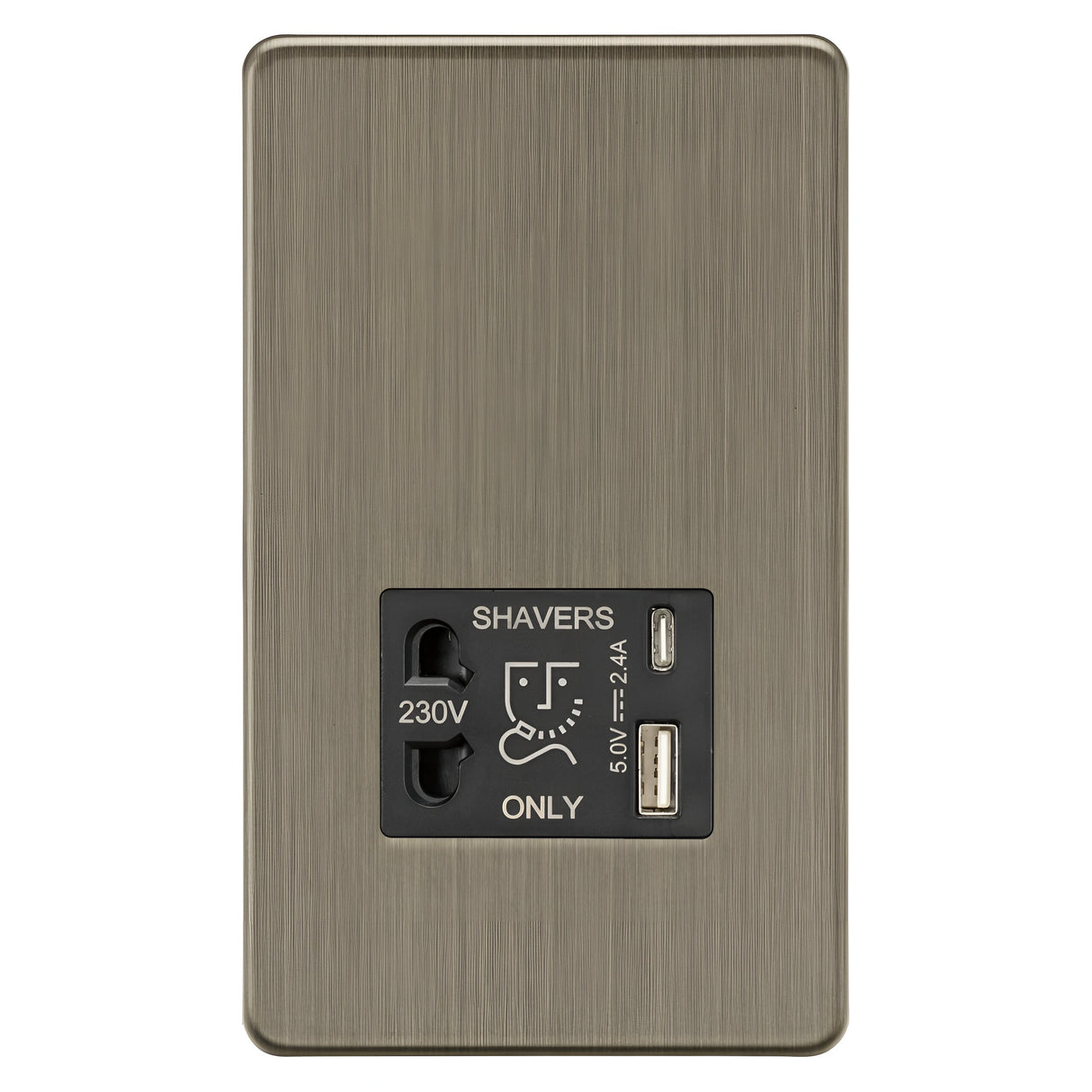 Shaver socket with dual USB A+C (5V DC 2.4A shared) - Antique Brass