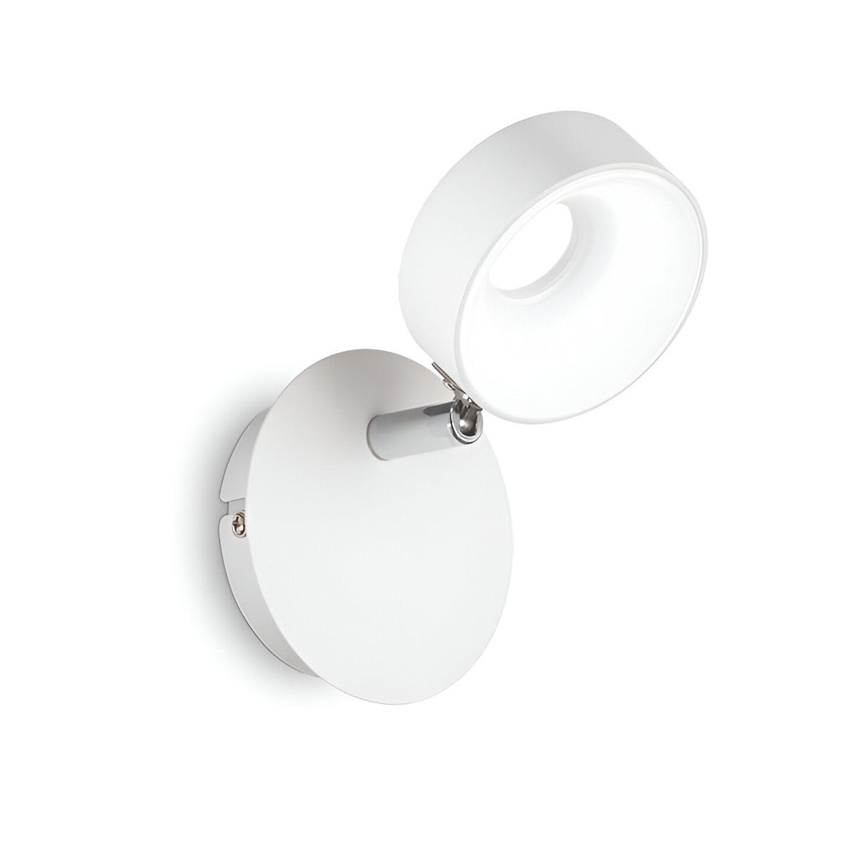 The Glissa LED Single Spotlight - White features a sleek and minimalistic design with a circular white base and an adjustable LED spotlight connected by a short arm. It is energy-efficient, making it ideal for contemporary interiors.