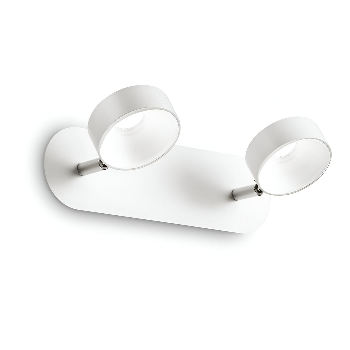 The Glissa LED Twin Bar Spotlight in white boasts energy-efficient lighting with two adjustable spotlight heads atop short metal arms on an oval base.