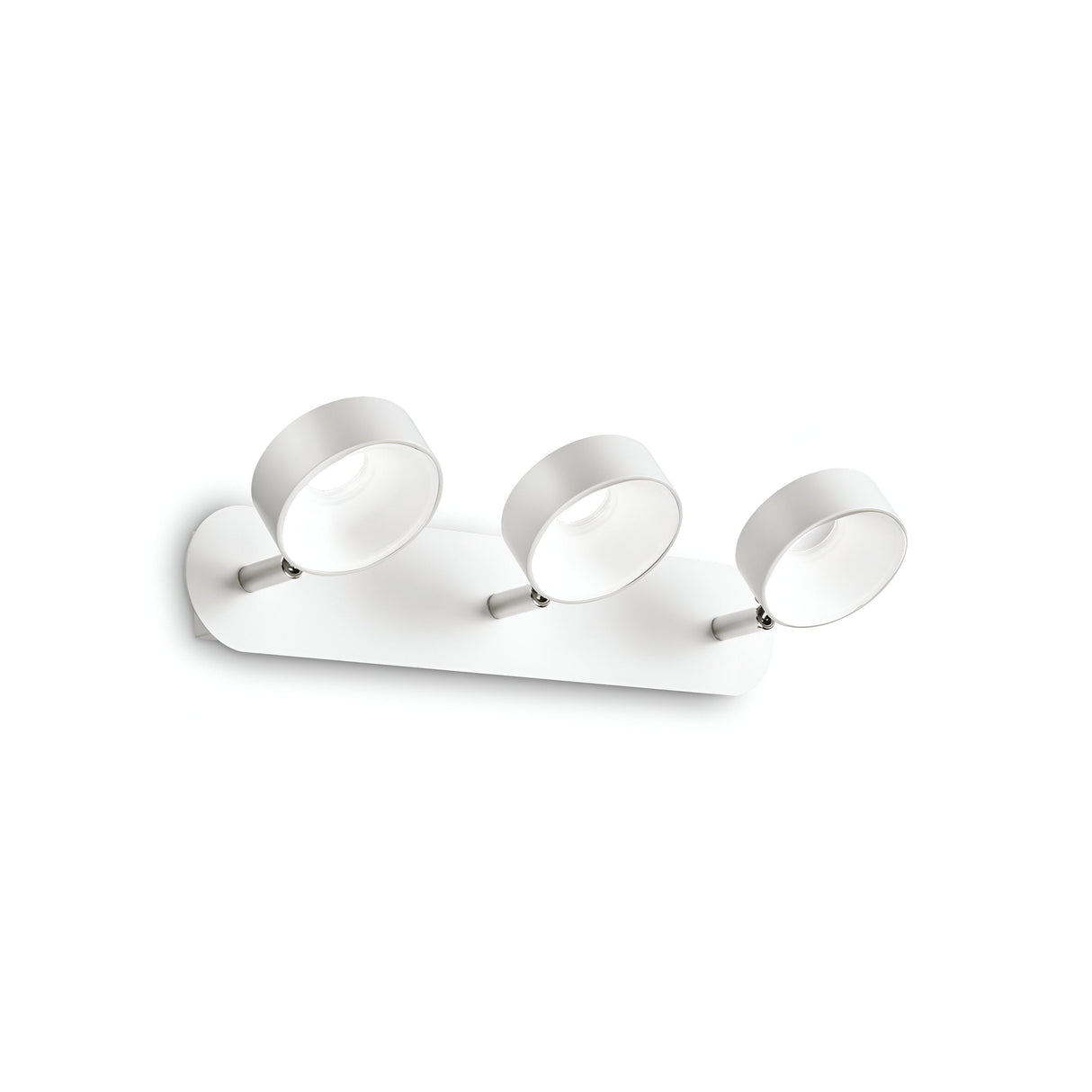 The Glissa LED Triple Bar Spotlight in white boasts a contemporary design with adjustable circular lamps on a rectangular base, utilizing energy-efficient LED technology, all set against a pristine white backdrop.