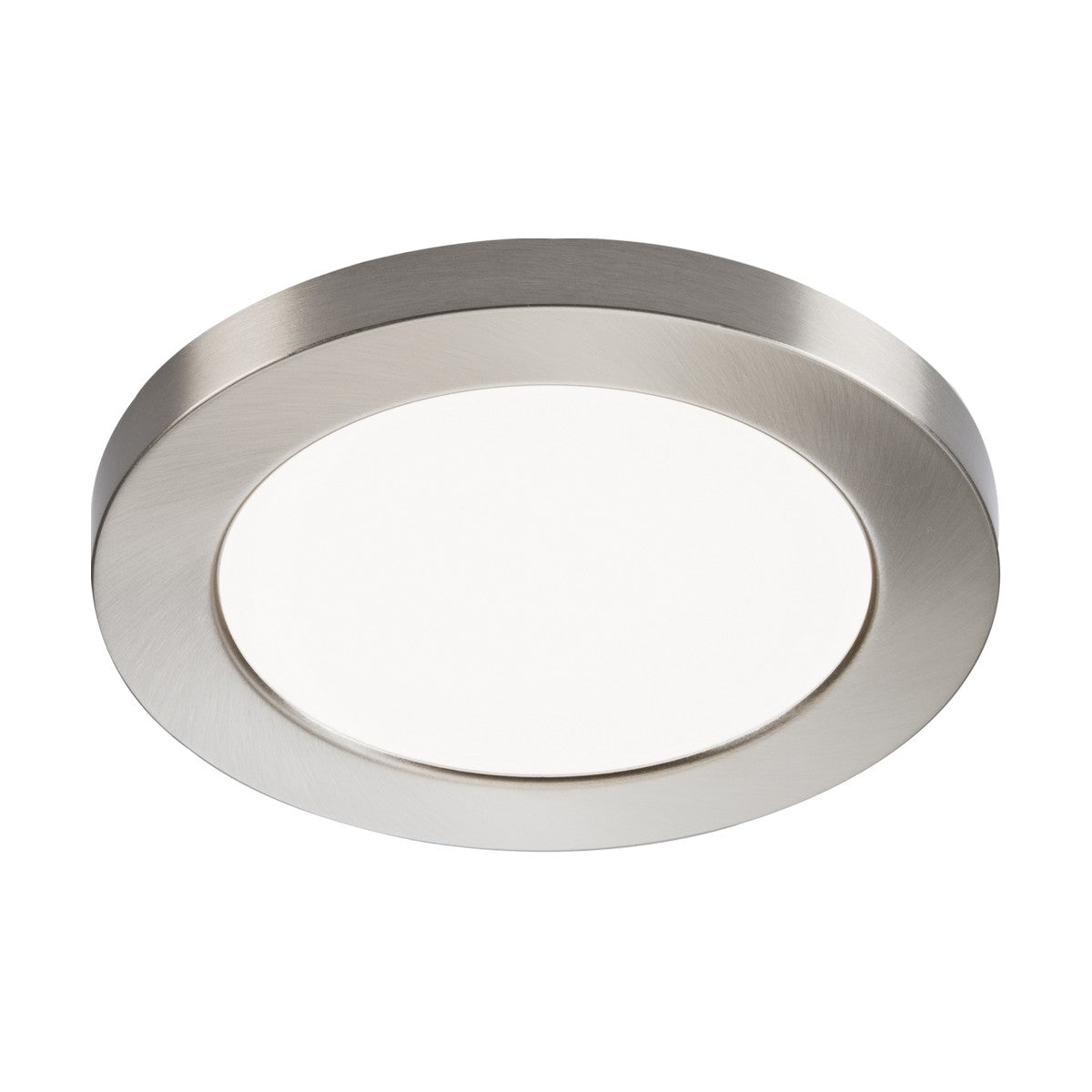 Introducing the CPL12 Brushed Chrome Bezel, a round, modern ceiling light fixture designed with a brushed chrome frame and a white, frosted cover. This elegant design includes an LED panel that provides efficient illumination, enhancing any room's ambiance with its sleek aesthetic.
