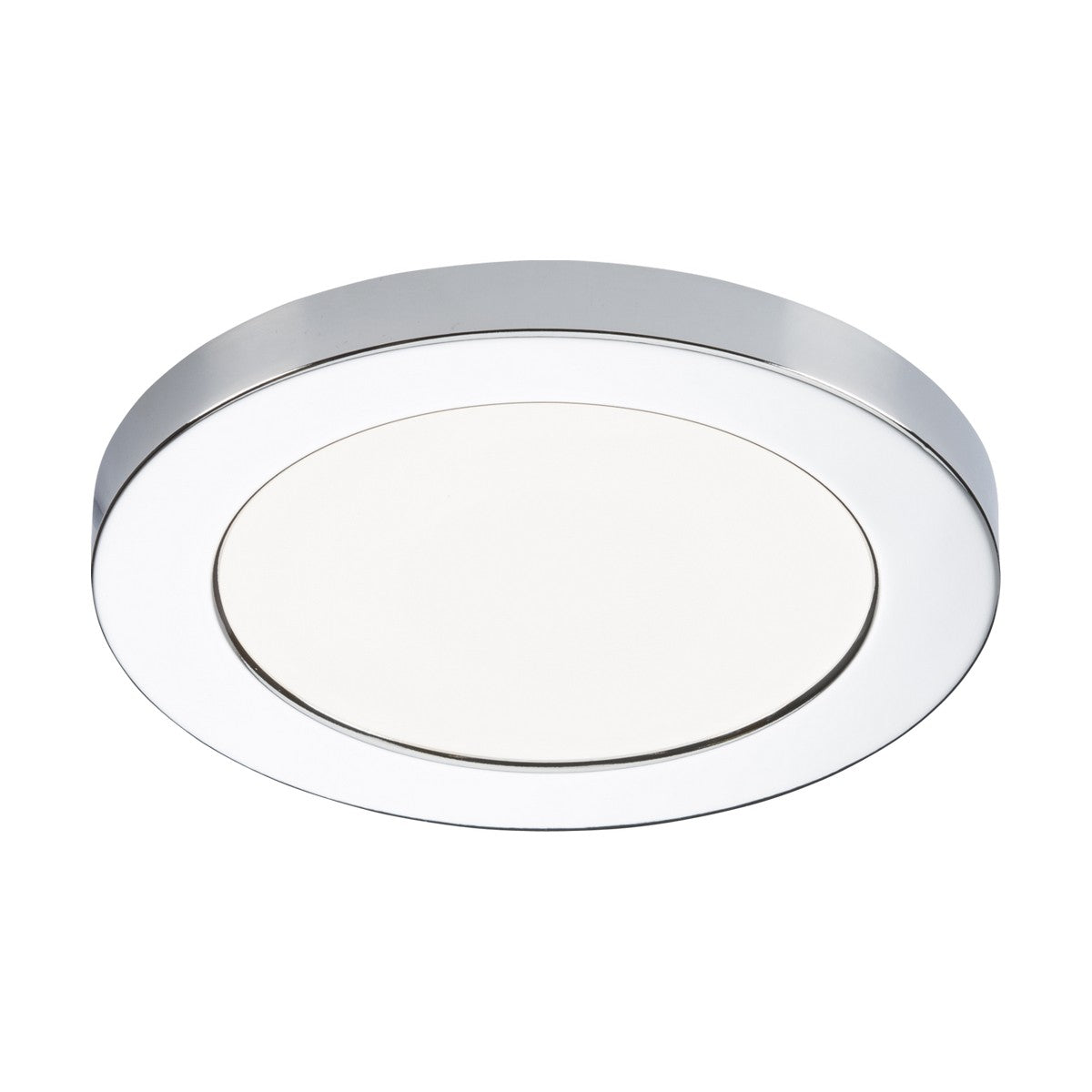 Introducing the CPL12 Polished Chrome Bezel: a round, flush-mounted LED panel ceiling light with a polished chrome finish and a white diffuser at its center, specifically designed for modern interiors.