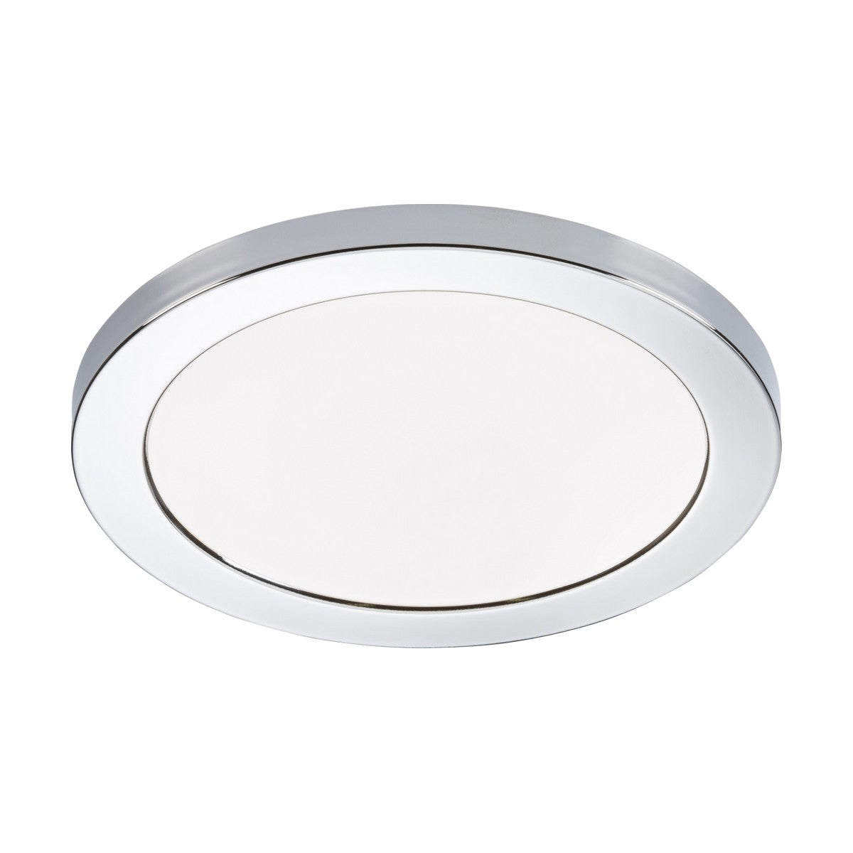 The CPL18 Polished Chrome Bezel is a round, modern ceiling light featuring a smooth white diffuser and a sleek polished chrome rim, designed for low-profile mounting.