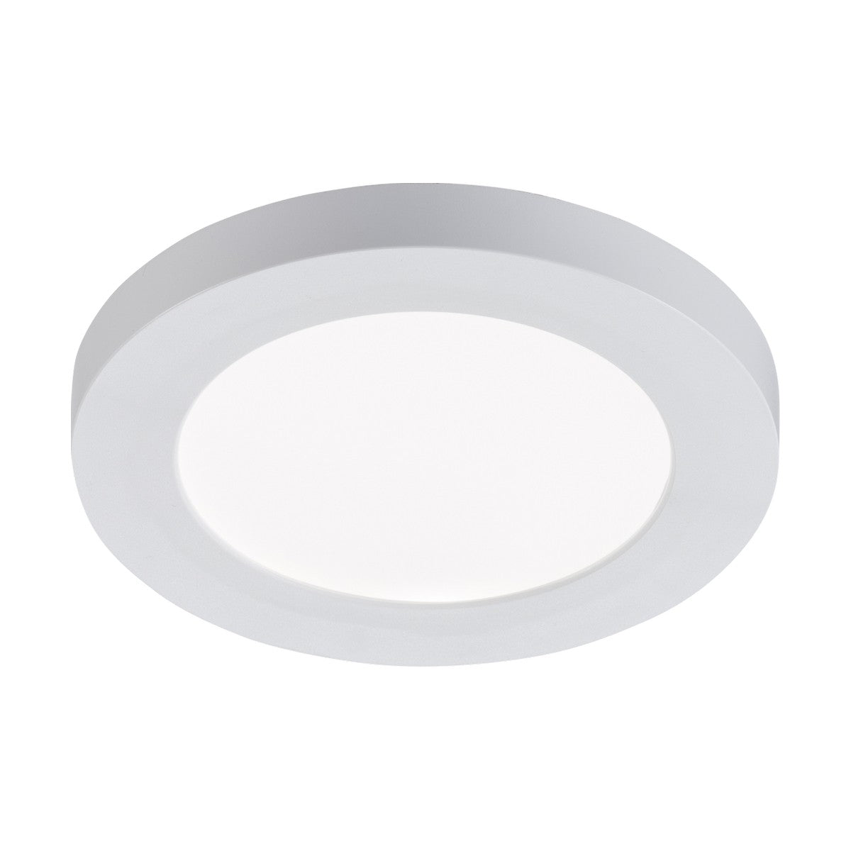 The 6W CCT Adjustable Circular LED Panel - 140mm is a white ceiling light fixture with a simple, modern design. It includes adjustable fixings and features a smooth outer rim that surrounds an LED panel, providing a flat, diffused central light area.