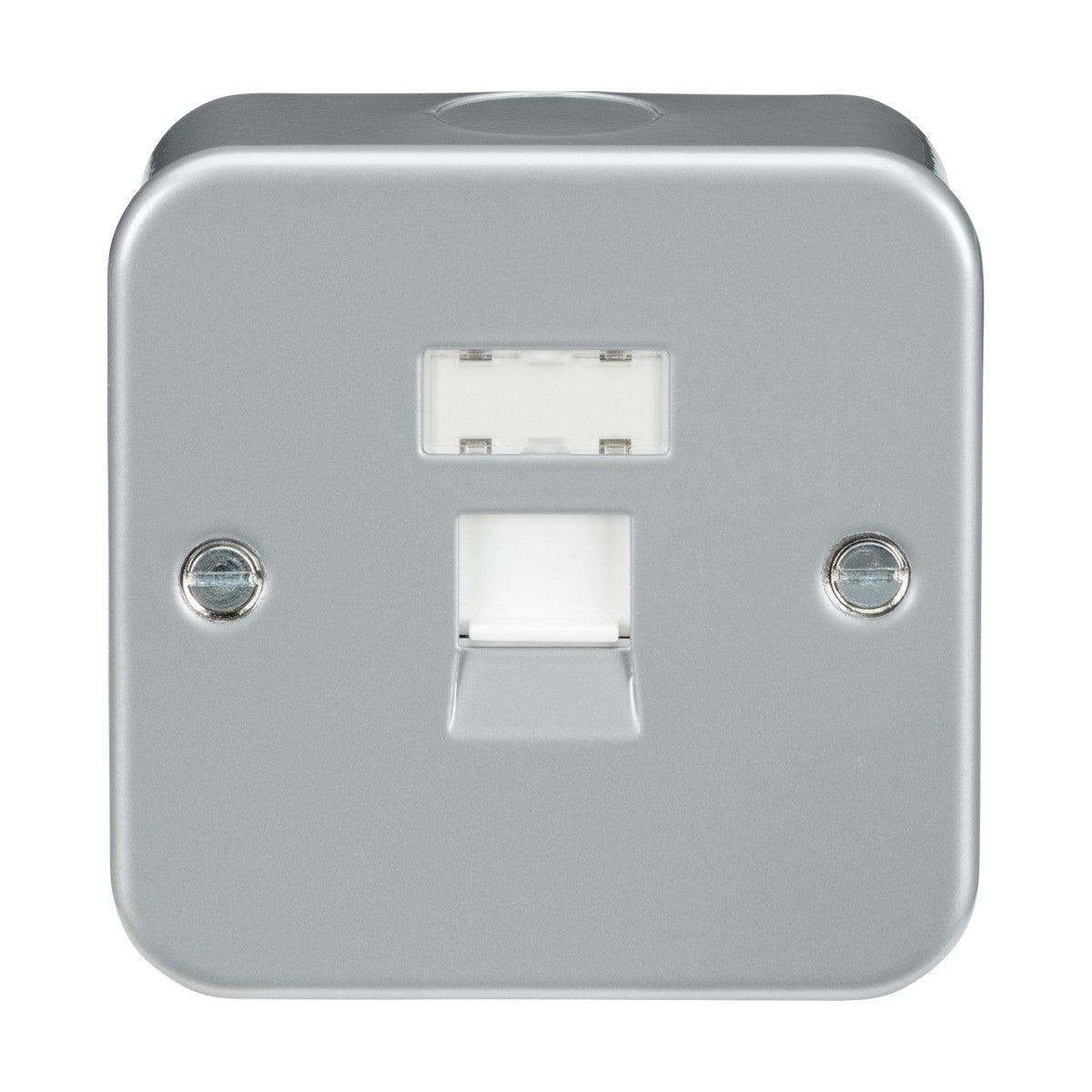 The Metal Clad RJ45 Network Outlet features a silver, wall-mounted design with a square shape, highlighting a central rectangular port similar to an RJ45 outlet, flanked by two screws.