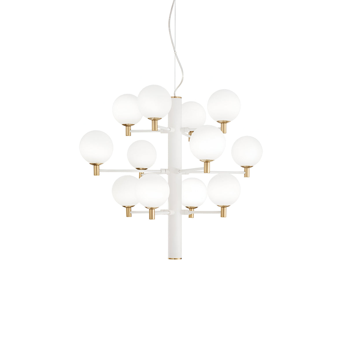 The Sparklite 12 Light Suspension - White is a modern chandelier featuring a white central column and multiple spherical white glass bulbs arranged in tiers, each highlighted with gold accents. This elegant piece provides ambient lighting with a minimalist design, and includes a suspended cord from the ceiling for a sleek finish.