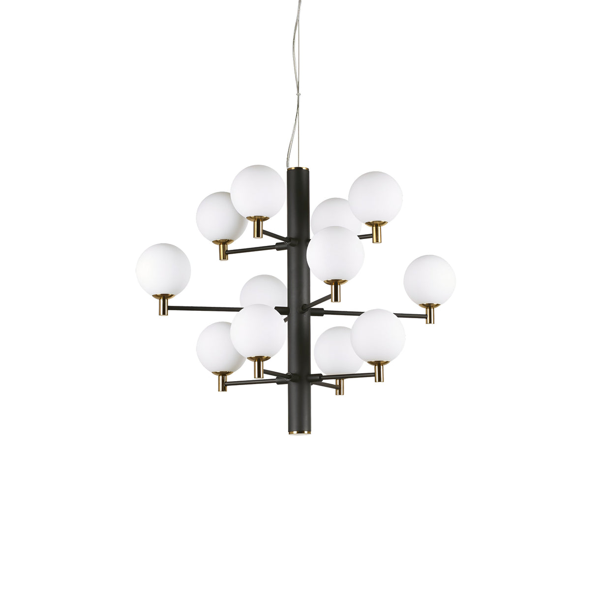 Introducing the Sparklite 12 Light Suspension - Black: a contemporary chandelier featuring a sleek black metal rod and multiple horizontal branches, each fitted with a round white globe light. Its clean, geometric design is enhanced by gold accents at the base of each globe, making it an ideal choice for those seeking modern lighting solutions.