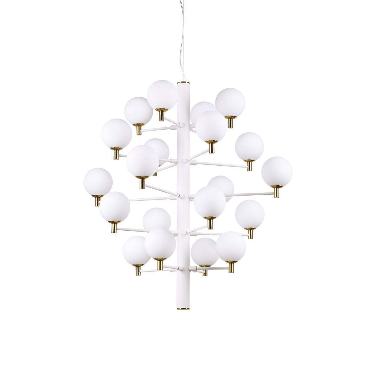The Sparklite 20 Light Suspension - White is a modern chandelier designed with a cluster of white, spherical bulbs on a central cylindrical fixture, highlighted by brass accents for stylish and elegant diffused lighting.