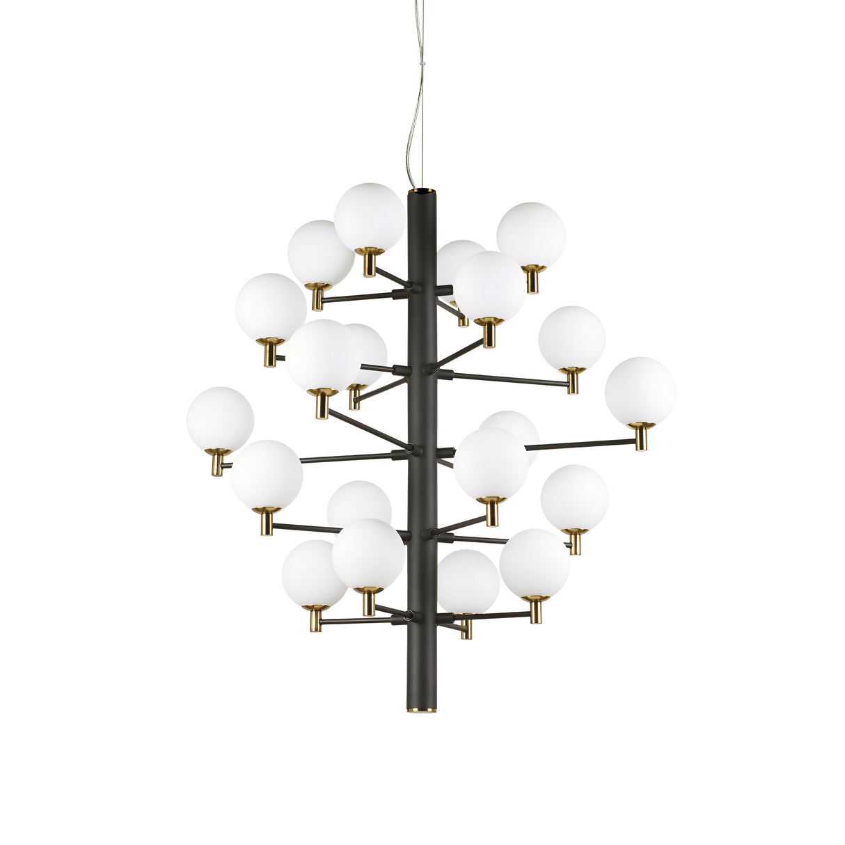 The Sparklite 20 Light Suspension - Black features a modern chandelier design with a vertical black rod and multiple horizontal arms. Each arm supports a round white globe light, and they elegantly spiral around the rod to create an impressive lighting piece that is both bold and symmetrical in its design.