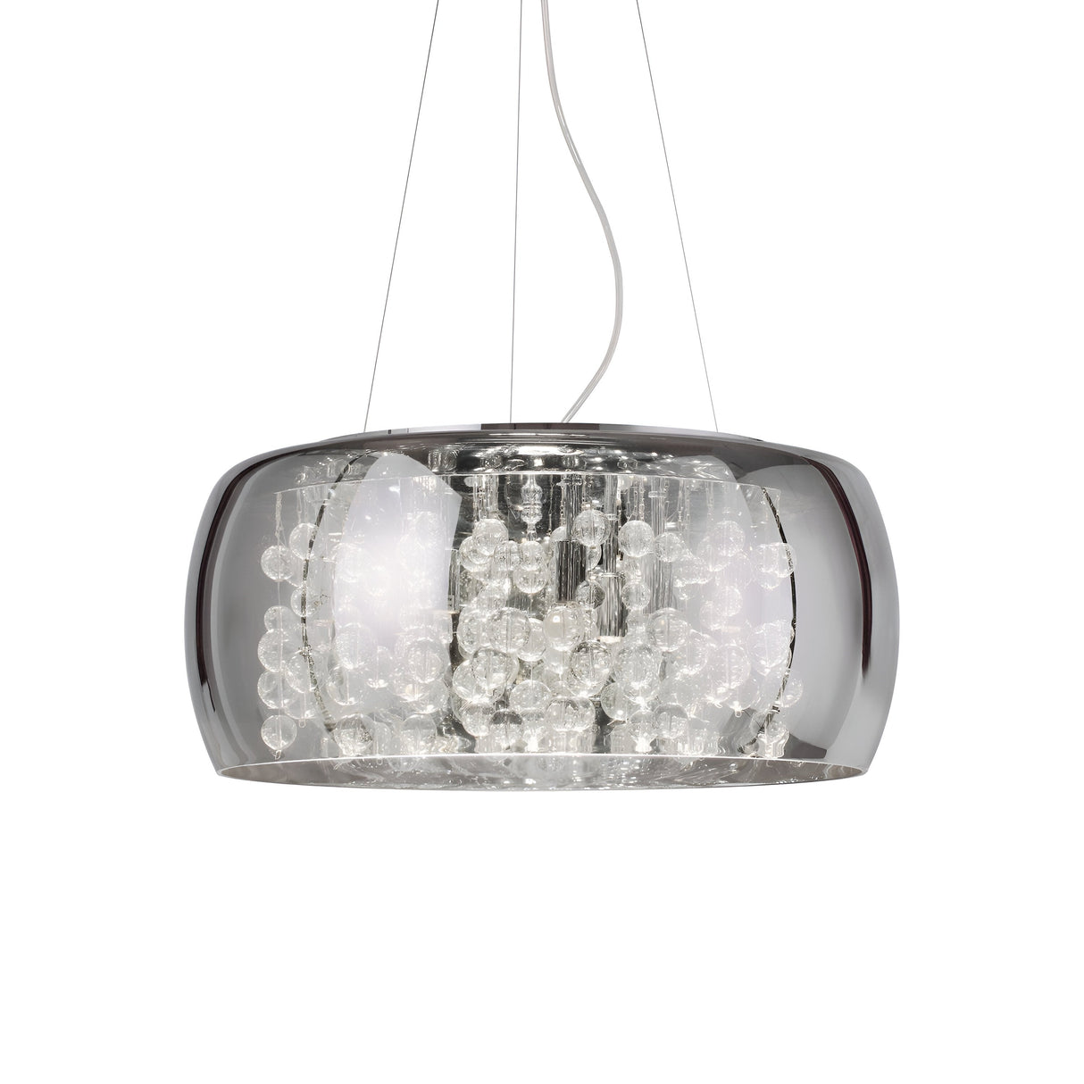 Experience the Flarestar 8 Light Glass Pendant in Black, a modern industrial lighting masterpiece featuring clusters of clear glass orbs. This dimmable pendant is suspended by wires from the ceiling, offering sleek, contemporary style and stylish illumination.