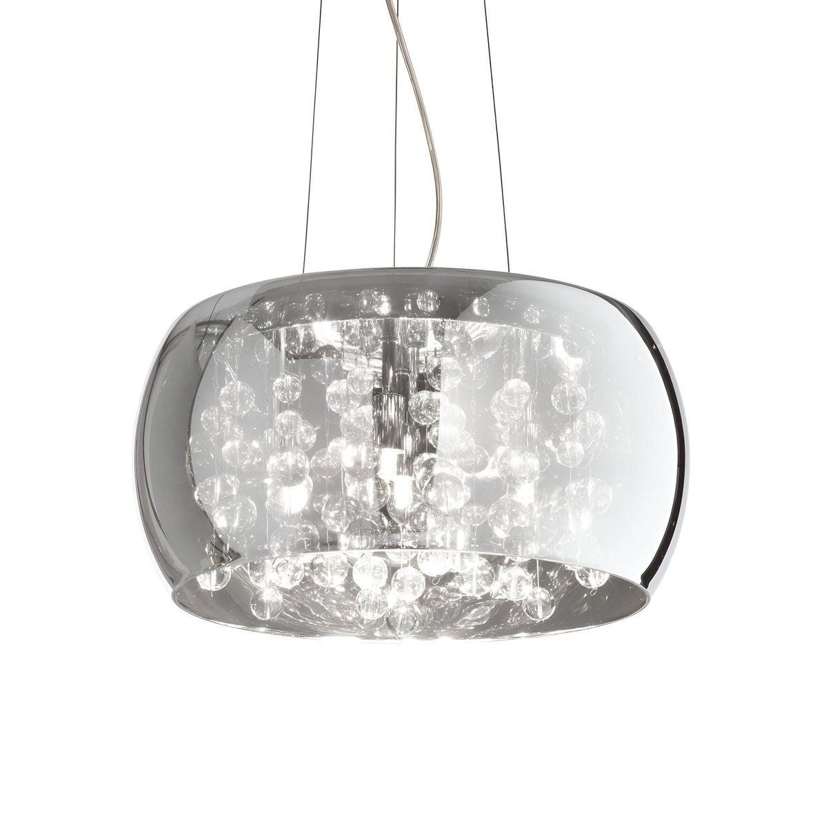 Introducing the Flarestar 5 Light Glass Pendant in Black: a contemporary dimmable pendant light featuring a sleek, reflective metal frame. This elegant design showcases numerous small, translucent globes clustered around the central bulb, all suspended by thin cables.