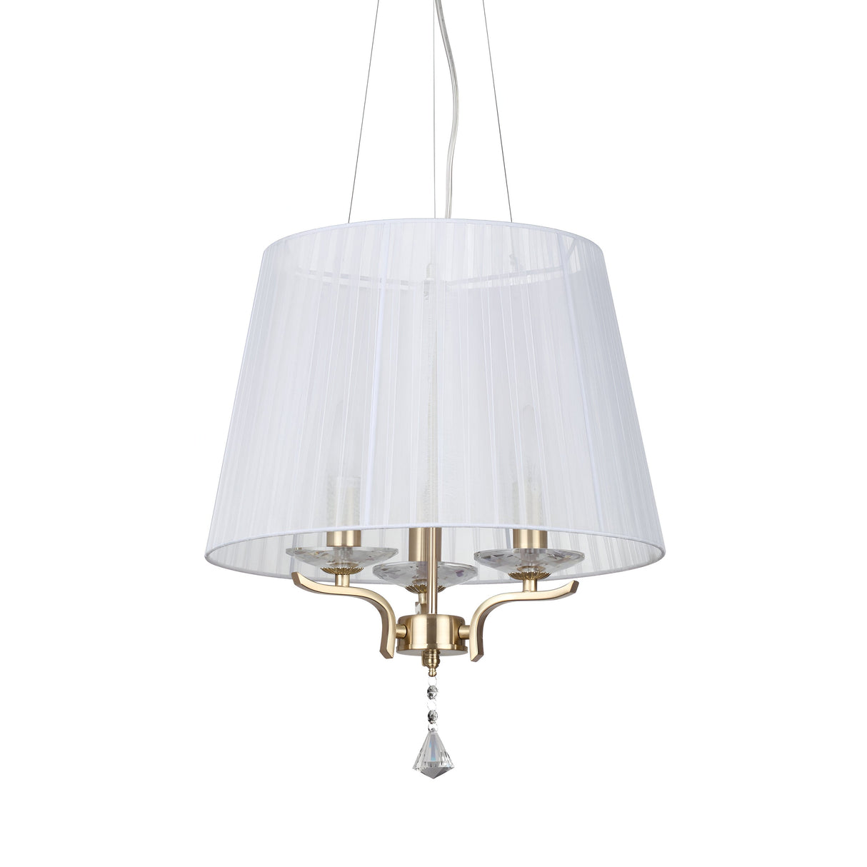 The Solum Crystal 3 Light Suspension - Brass features a satin brass frame with three candle-style bulb holders, complemented by a pleated white fabric shade and a decorative crystal pendant beneath, all elegantly suspended by a white cable.