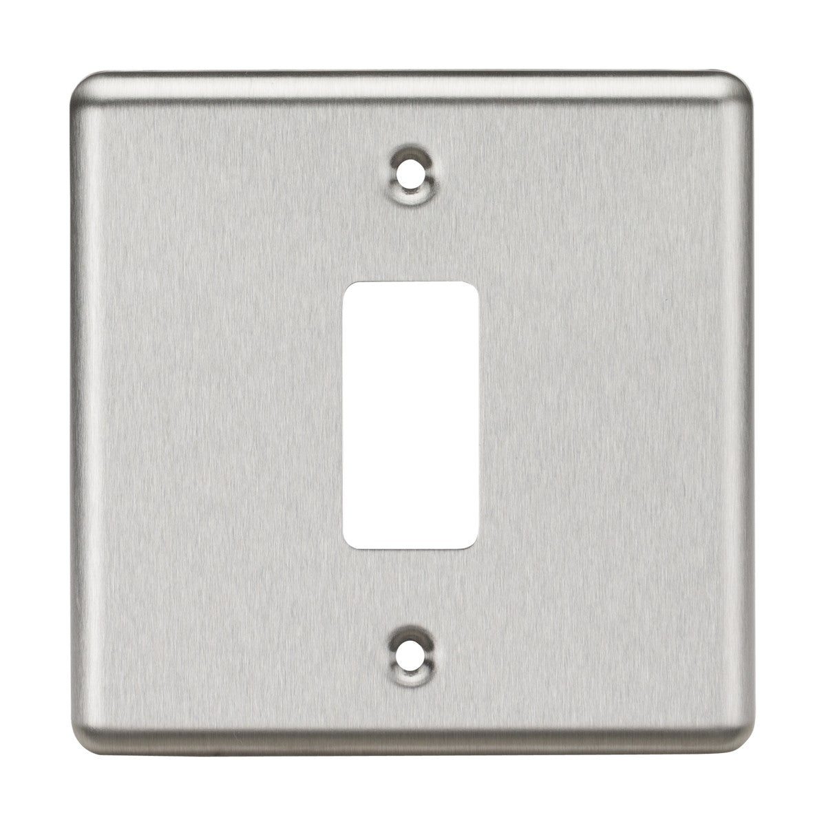 The 1 Gang Grid Faceplate - Rounded Edge Brushed Chrome features a single rectangular opening for a light switch, a smooth silver finish, and two screw holes for easy mounting. As part of the Knightsbridge Grid System, it provides both durability and style, making it an ideal choice for modern interiors.