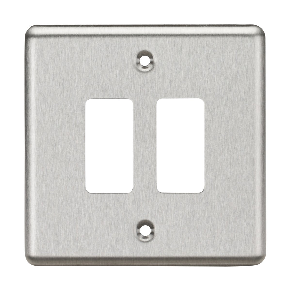 The 2 Gang Grid Faceplate - Rounded Edge Brushed Chrome is designed with a sleek appearance featuring two rectangular openings and three screw holes, making it ideal for seamless integration into the Knightsbridge Grid System.
