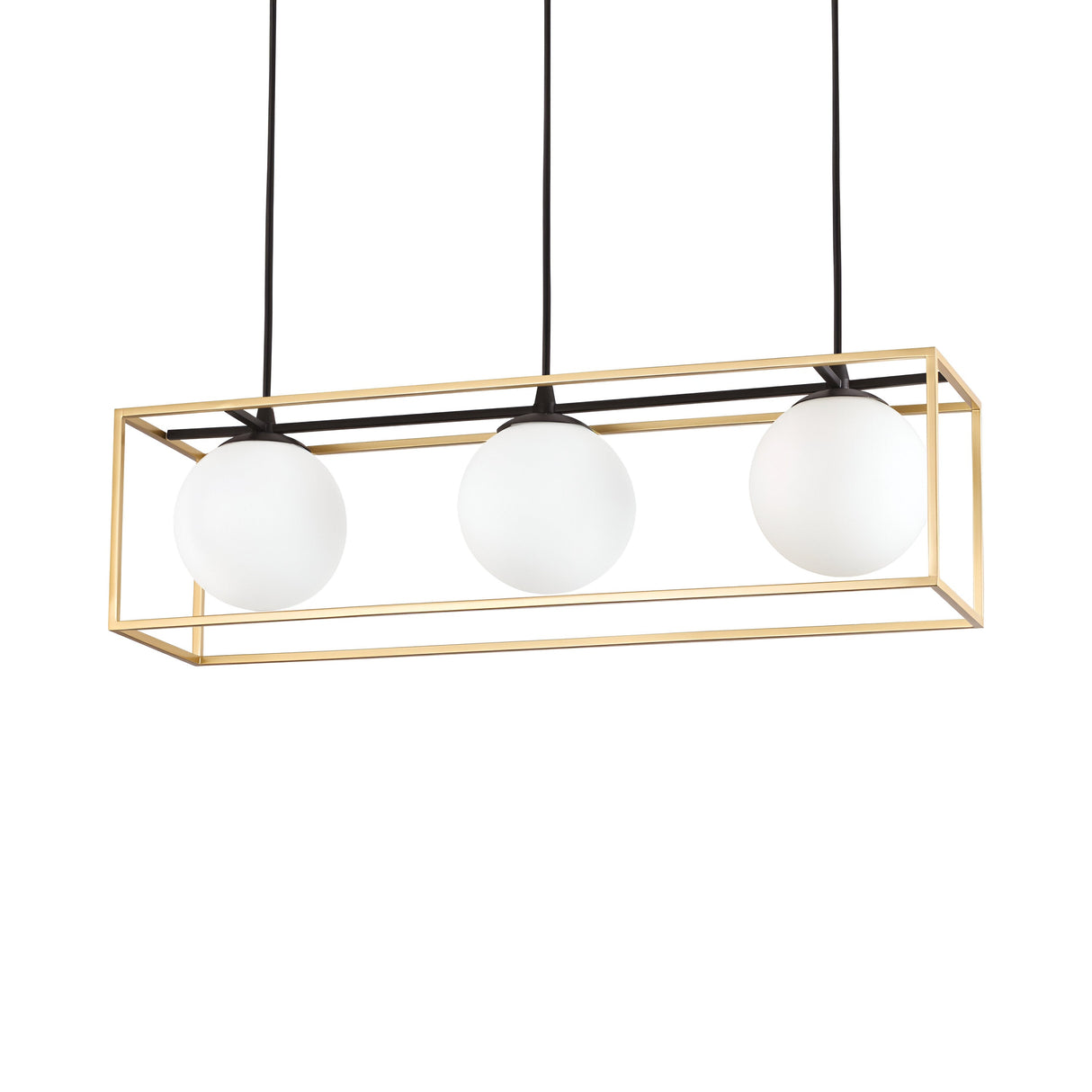 The Dawn 3 Suspension Light in Brass/Black boasts a contemporary design with three frosted glass globes elegantly suspended within a rectangular brass and black metal frame. The globes are evenly distanced, hanging gracefully from sleek black cords.