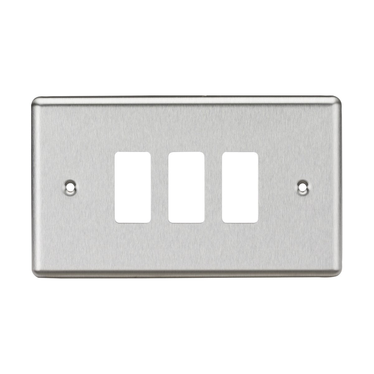 The 3 Gang Grid Faceplate - Rounded Edge Brushed Chrome offers a stylish triple light switch cover plate with a refined brushed chrome finish. This design features three rectangular switch openings and two screw holes for convenient installation.