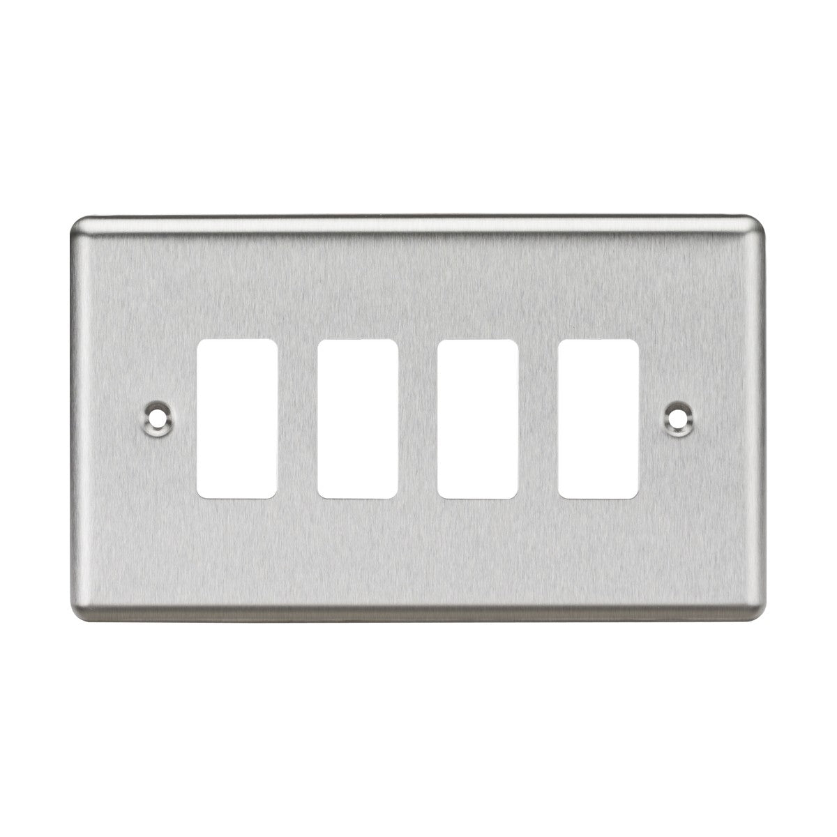 The 4 Gang Grid Faceplate - Rounded Edge Brushed Chrome is designed with four rectangular openings for switches. It has a brushed metal texture and two screw holes for mounting, embodying a sleek and modern design.