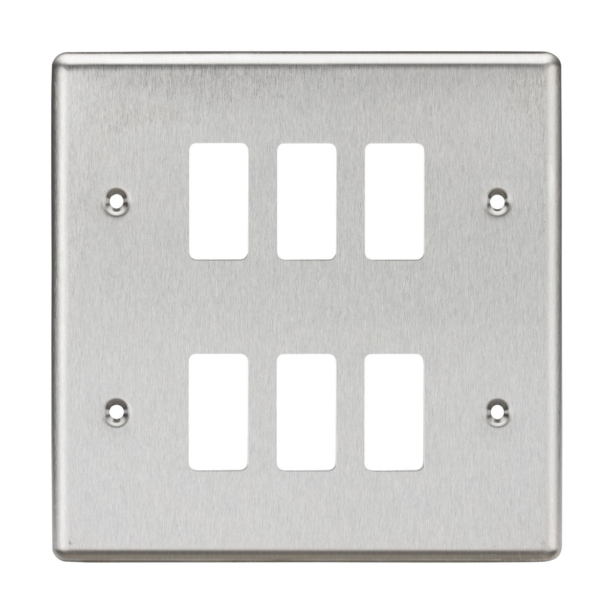 The 6 Gang Grid Faceplate - Rounded Edge Brushed Chrome features six rectangular openings in a layout of two columns and three rows, with four screw holes at the corners for easy mounting. Its brushed chrome finish provides a sleek appearance.