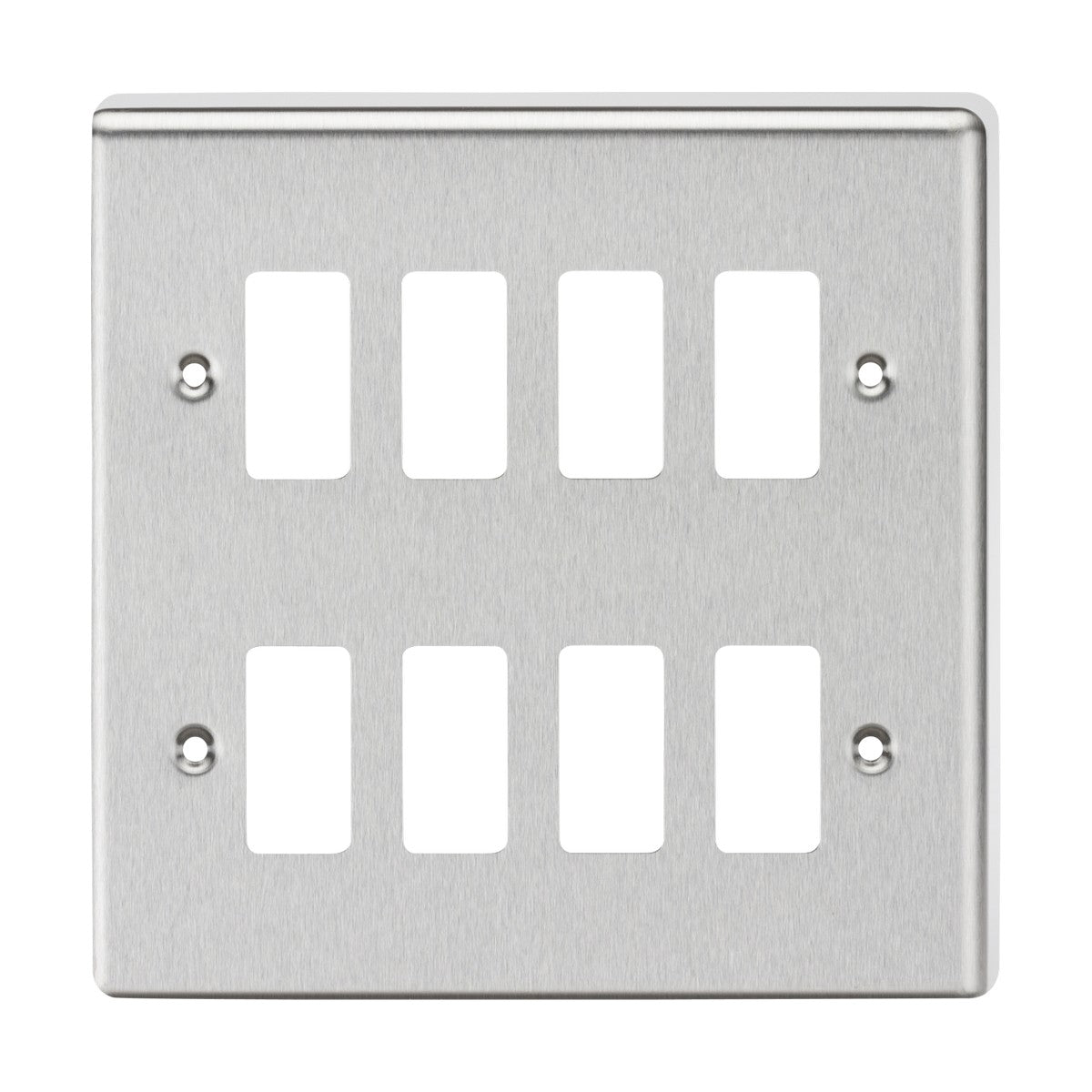 The 8 Gang Grid Faceplate with a rounded edge brushed chrome finish showcases eight rectangular cutouts for switches and includes four screw holes for easy mounting. Its sleek design complements any décor with a modern touch.