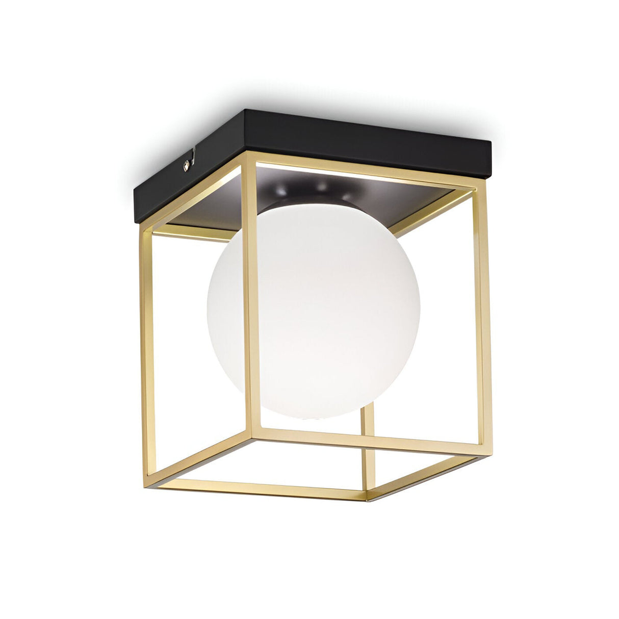 Introducing the Dawn 1 Light Flush - Brass, a contemporary ceiling light fixture that elegantly combines a white spherical glass bulb with a geometric open frame and a black top. Its minimalist design brings modern sophistication to any room.