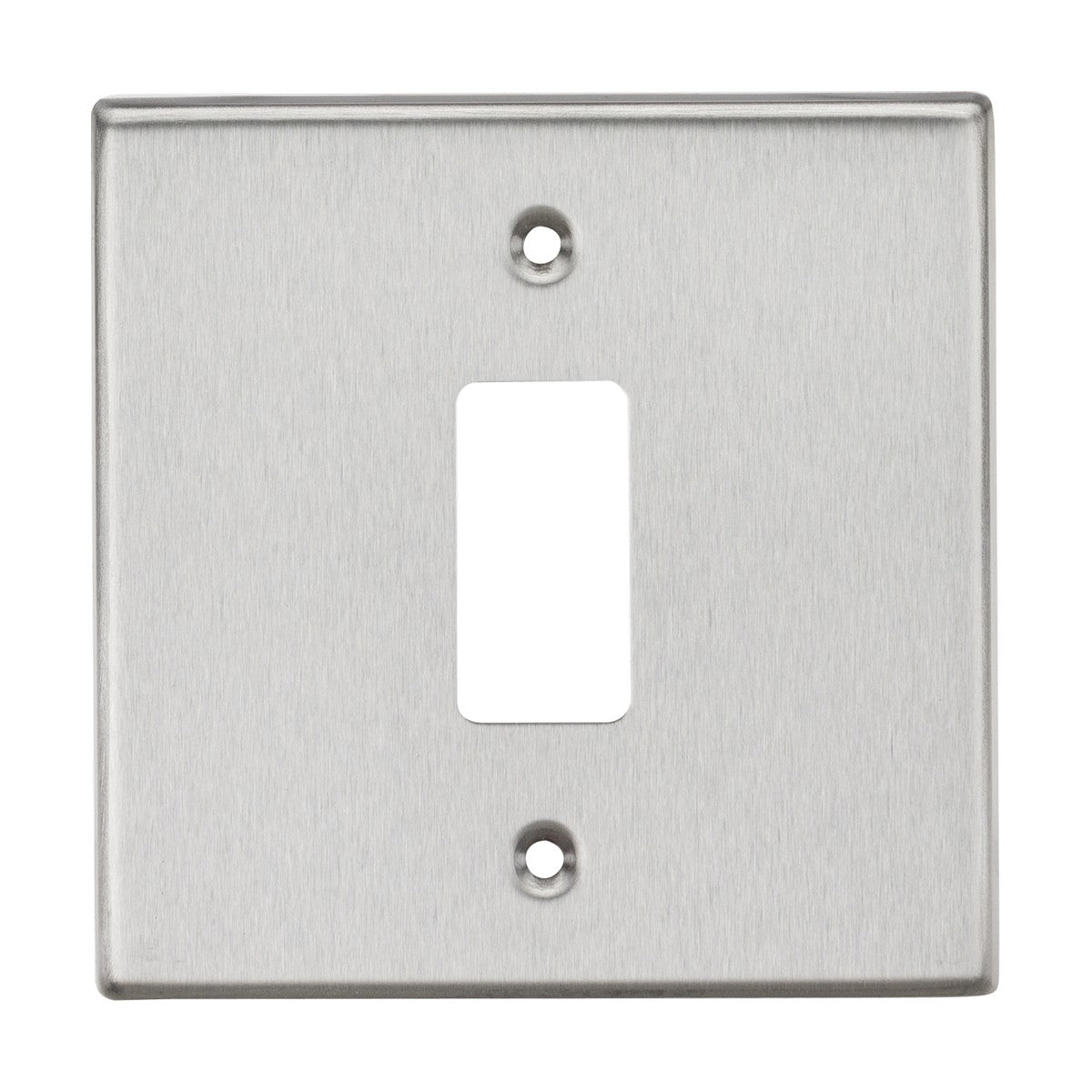 The 1 Gang Grid Faceplate in brushed chrome, featuring a square edge design, includes two mounting holes—one at the top and another at the bottom—ensuring seamless compatibility with the Knightsbridge Grid System.