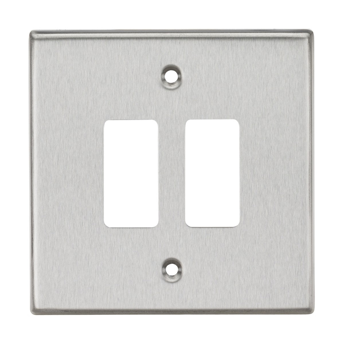 The 2 Gang Grid Faceplate in brushed chrome features two rectangular openings and a square edge design, offering a sleek and modern look. It includes two screw holes for easy mounting.