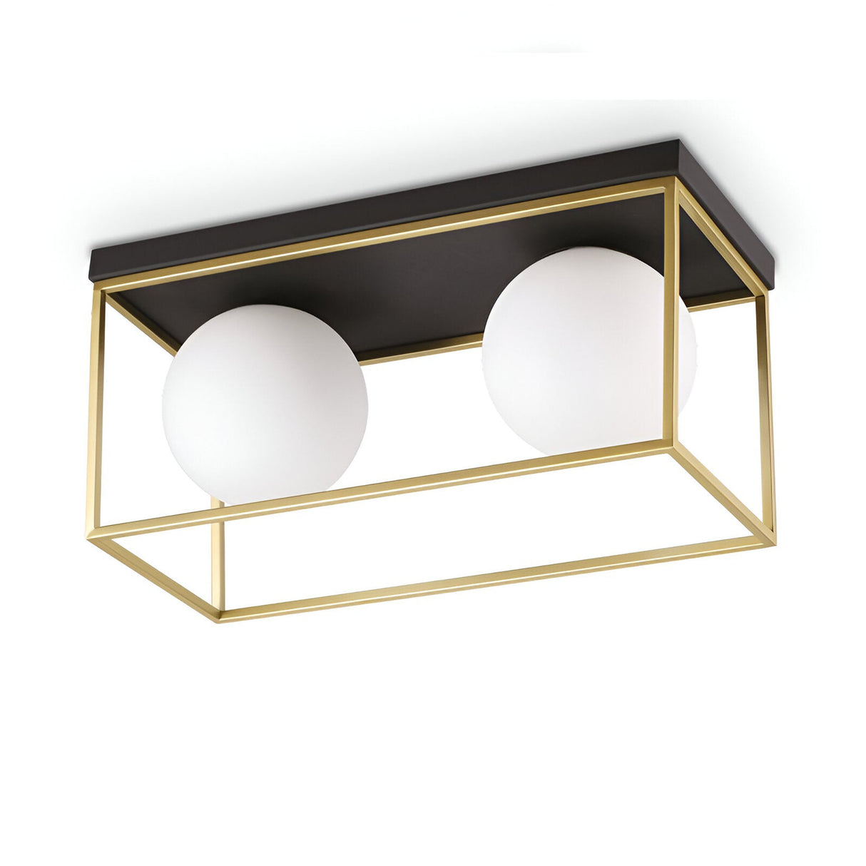 Introducing the Dawn 2 Light Flush - Brass, a chic lighting fixture that boasts two spherical white bulbs beautifully encased in a rectangular brass frame topped with black. This minimalist and elegant design effortlessly combines geometric shapes and contrasting colors, making it a striking statement for any ceiling.