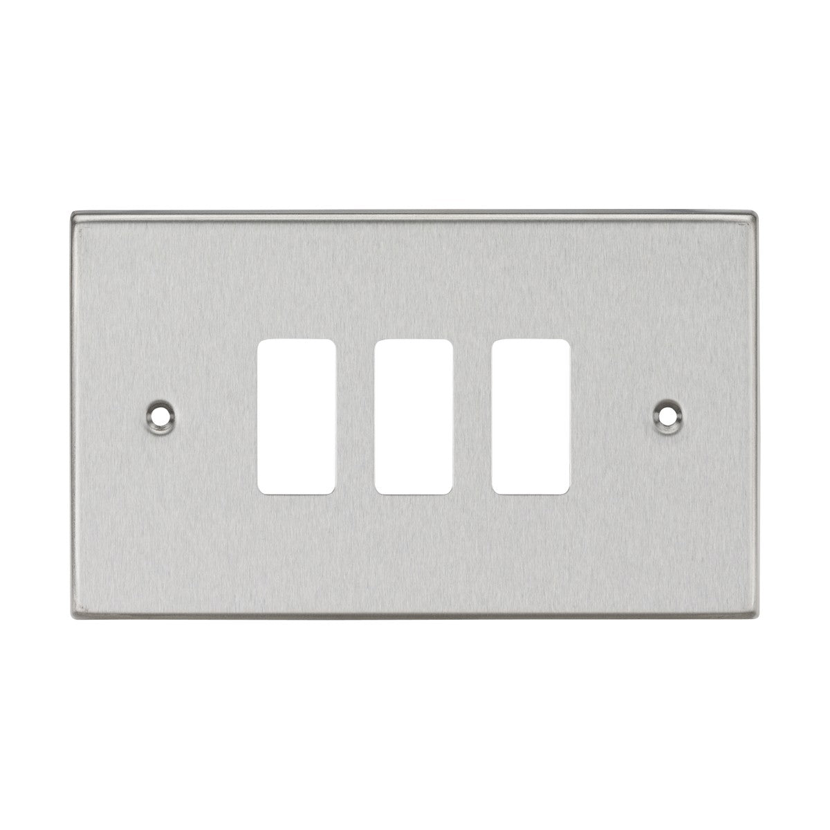 The 3 Gang Grid Faceplate - Brushed Chrome is a stainless steel wall plate with a brushed chrome finish, featuring square edge rectangular cutouts for switches. It is designed for easy installation with two screw holes and seamlessly integrates into any Knightsbridge Grid System.