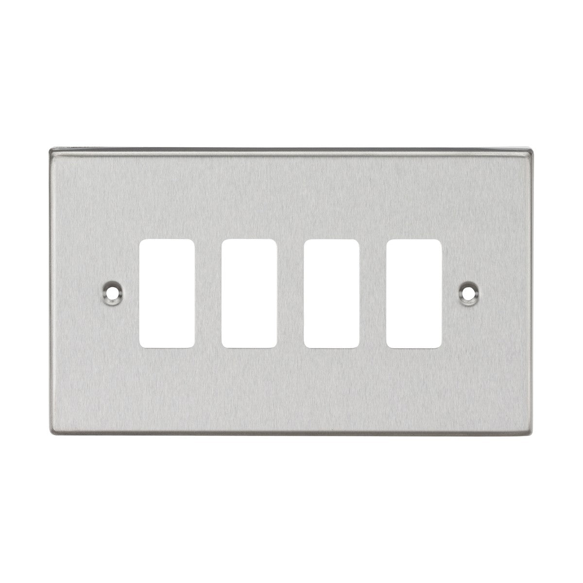 Introducing the 4 Gang Grid Faceplate - Brushed Chrome, a metallic wall plate with a sophisticated square edge. It features four rectangular openings arranged in a grid and includes two screw holes for straightforward installation.