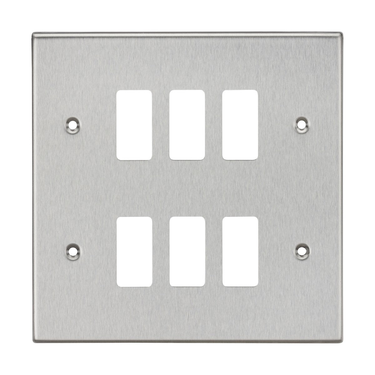 The 6 Gang Grid Faceplate in Brushed Chrome, compatible with the Knightsbridge Grid System, features six rectangular cutouts arranged in two rows of three. It includes four screw holes, one in each corner, for easy mounting and offers a sleek Square Edge Grid Faceplate design.