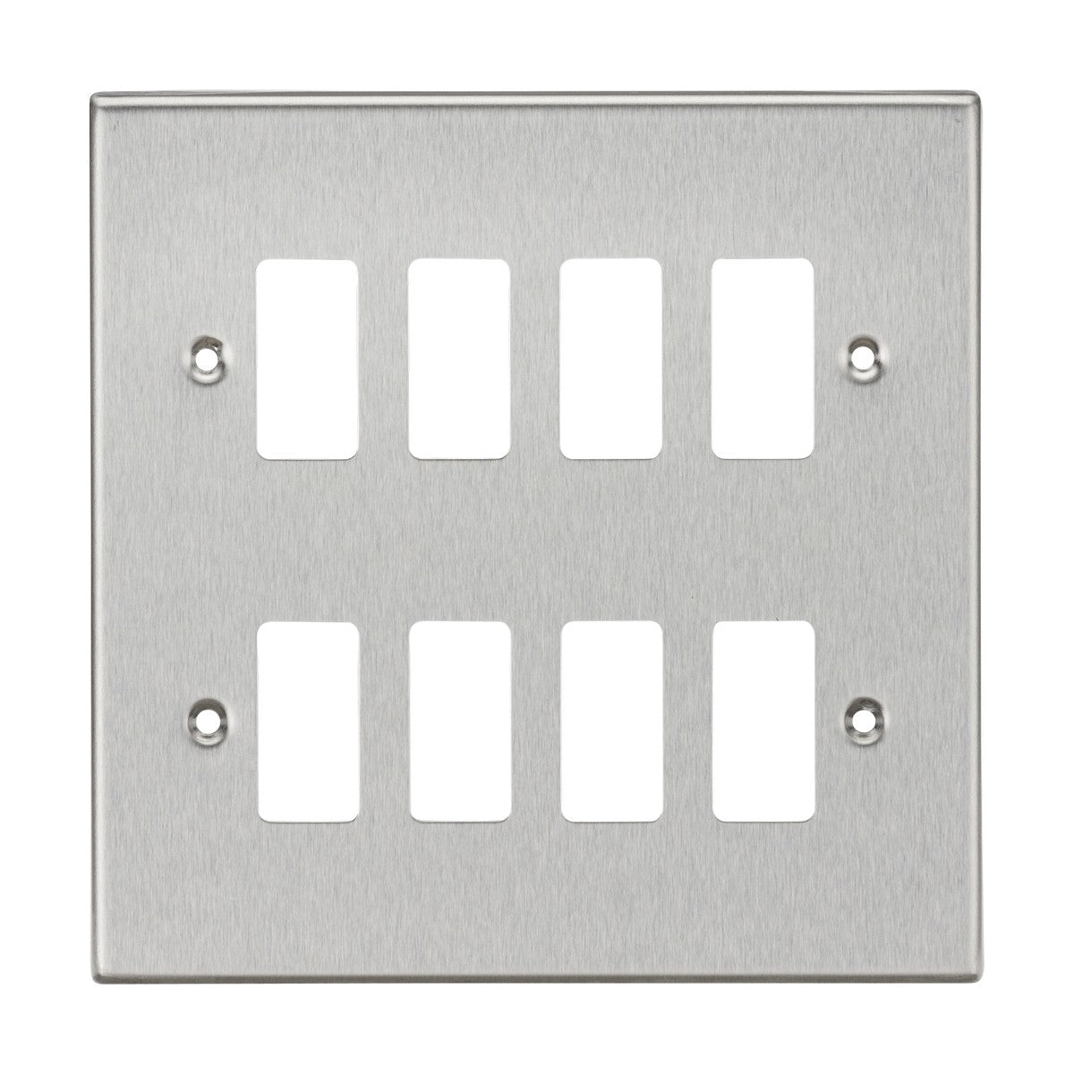 The 8 Gang Grid Faceplate in Brushed Chrome features the Knightsbridge Grid System and offers six rectangular openings for rocker switches, along with four screw holes for easy mounting, one in each corner.