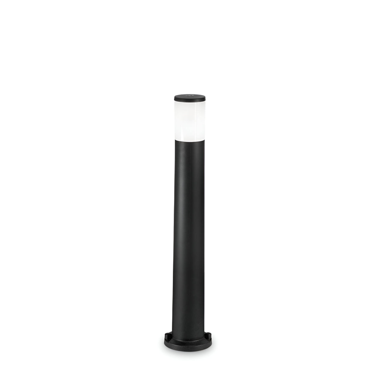 The Nightfall Outdoor Bollard Light - Black is a stylish outdoor lighting fixture with a cylindrical design, featuring a white frosted top for effective light diffusion. It is supported by a circular base against a plain white background and constructed from UV-stabilized material for improved durability.
