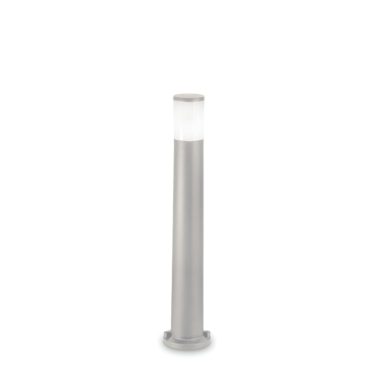 Introducing the Nightfall Outdoor Bollard Light in grey, a sleek and contemporary addition to any landscape. Featuring a frosted top section for illumination, this weather-resistant light stands upright on a flat base, effortlessly enhancing exterior spaces against a plain white background.