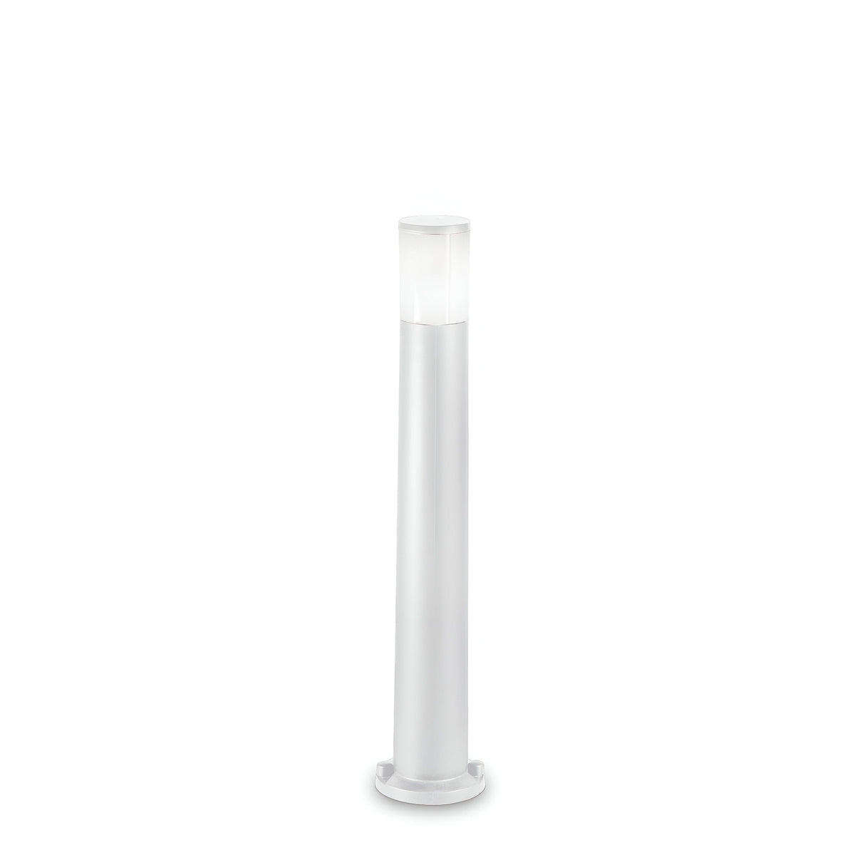 The Nightfall Outdoor Bollard Light - White is a sleek and modern outdoor lighting solution featuring a smooth silver finish. Its cylindrical design elegantly tapers near the top, where an opaque section provides a gentle illumination. With an IP55 rating for weather resistance, it is supported by a sturdy round base and set against a white backdrop.