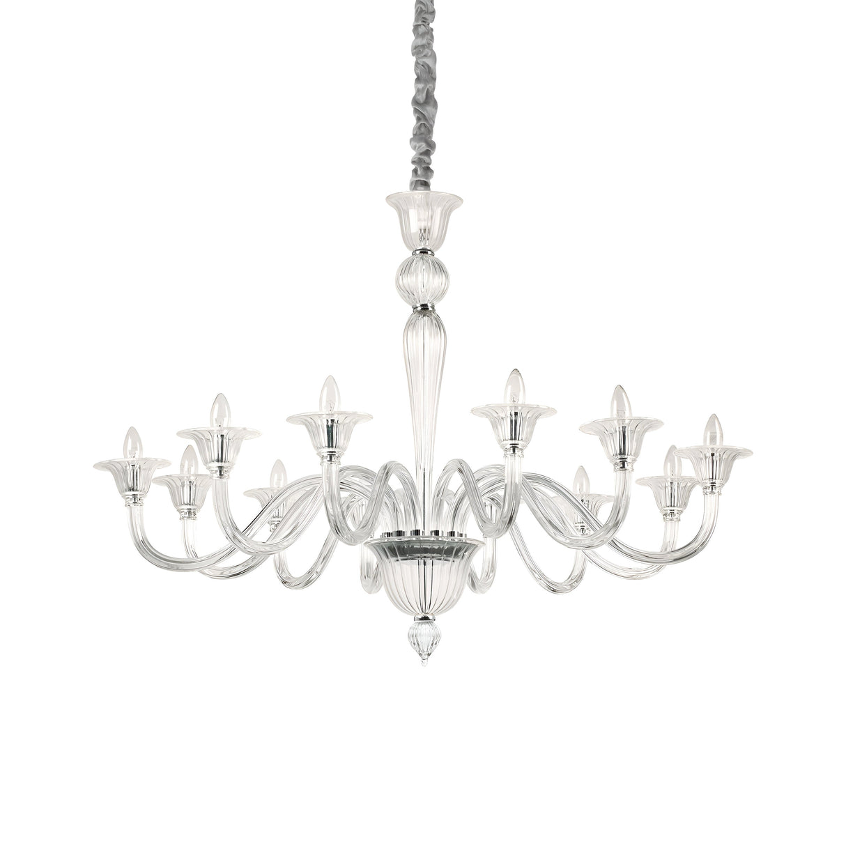 The Starbeam Glass 12 Light Chandelier - Chrome showcases an elegant design with twelve curved arms made from hand-blown transparent glass, each supporting a candle-style bulb. It is complemented by a chrome metal frame and suspended from a textured chain.