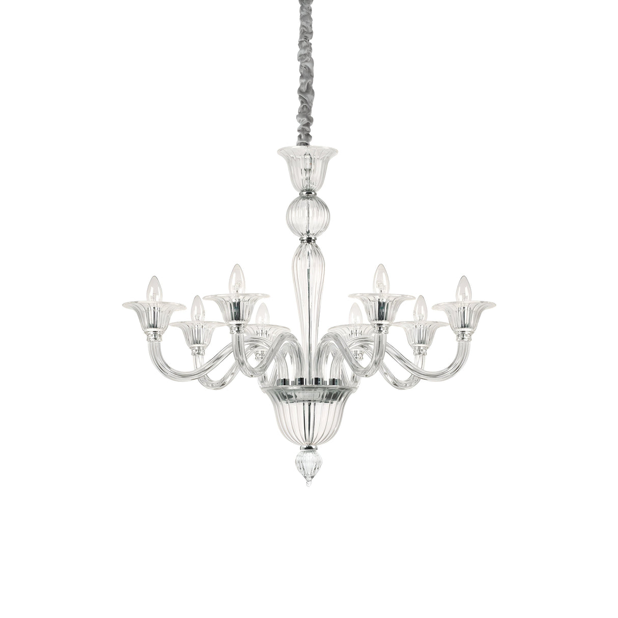 The Starbeam Glass 8 Light Chandelier - Chrome showcases a contemporary aesthetic with its eight gracefully curved arms, each supporting a candle-shaped bulb. The chandelier's decorative central column is made from transparent blown glass, and the fixture hangs elegantly by a wrapped cord.