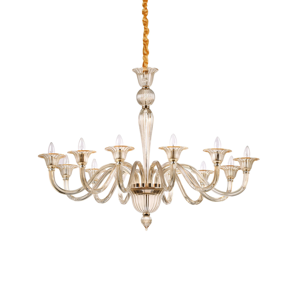 The Starbeam Glass 12 Light Chandelier - Brass showcases elegance with its twelve gracefully curved arms, each adorned with candle-shaped bulbs. Suspended by a golden cord and featuring a central ornate stem, this hand-blown glass chandelier radiates luxury and timeless beauty.