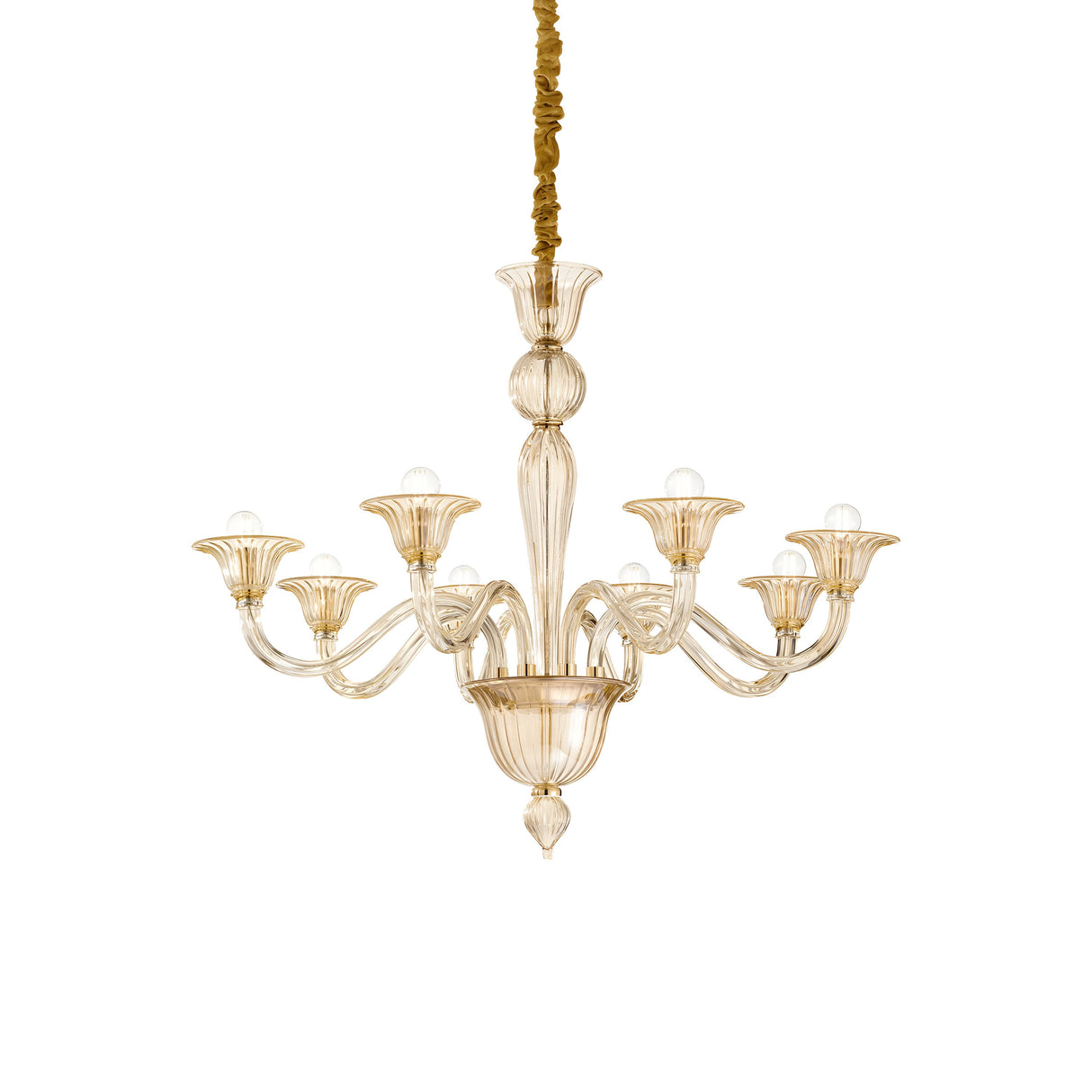 The Starbeam Glass 8 Light Chandelier - Brass elegantly hangs from a textured gold chain, featuring eight ornate arms each with a bulb. This luxury lighting piece showcases curved lines and a stunning central decorative glass stem complemented by an exquisite brass frame.