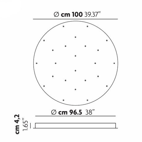 Illustration of the Cluster 14 Light Round Canopy - White, featuring a round design with a diameter of 100 cm (39.37 inches) and a height of 4.2 cm (1.65 inches). The inner circle measures 96.5 cm (38 inches) across, and its surface is embellished with a dotted pattern reminiscent of the sophisticated designs found in elegant pendant lights from the Cluster 14 Light collection.