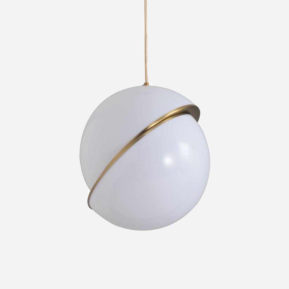 Introducing the Arc Pendant Light - Gold & White, a masterpiece of contemporary design. This spherical pendant showcases a sleek white globe encircled by a thin brushed brass band and elegantly suspends from a single cord against a subtle light gray background.