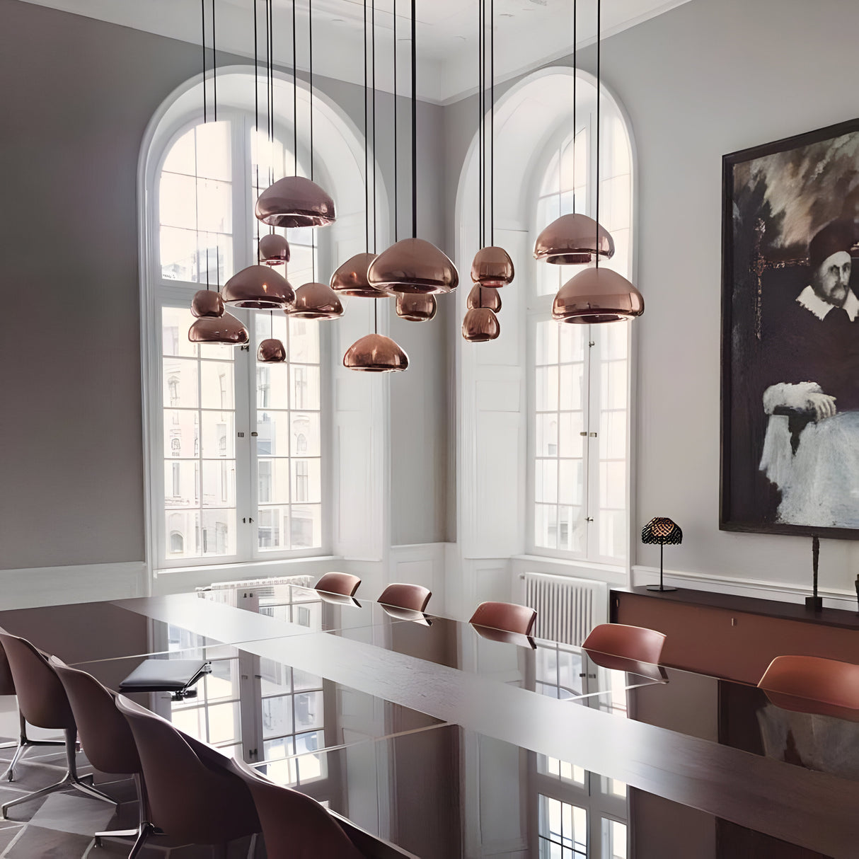 A modern conference room features a long glass table surrounded by sleek chairs. Gulf Mini Glass Pendant Lights in copper hang from the ceiling, offering an efficient lighting solution. Large arched windows let in natural light, and a large painting decorates the wall.