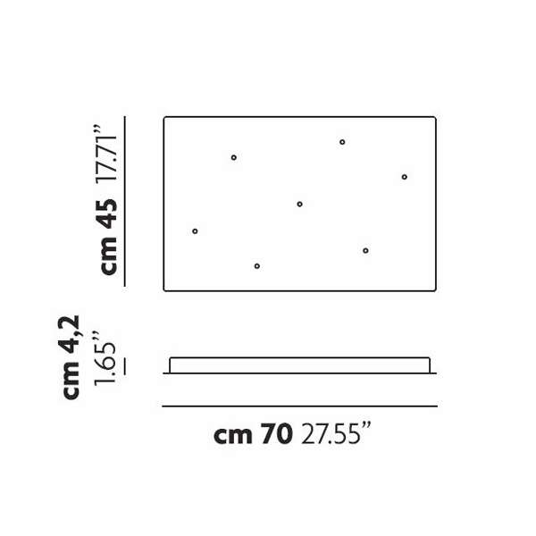 Illustration of the Cluster 7 Light Rectangular Canopy - White, with dimensions labeled: height is 45 cm (17.71 inches), width is 70 cm (27.55 inches), and depth is 4.2 cm (1.65 inches). The canopy features multiple dot markings on one side, likely designed for a cluster 7 light setup.