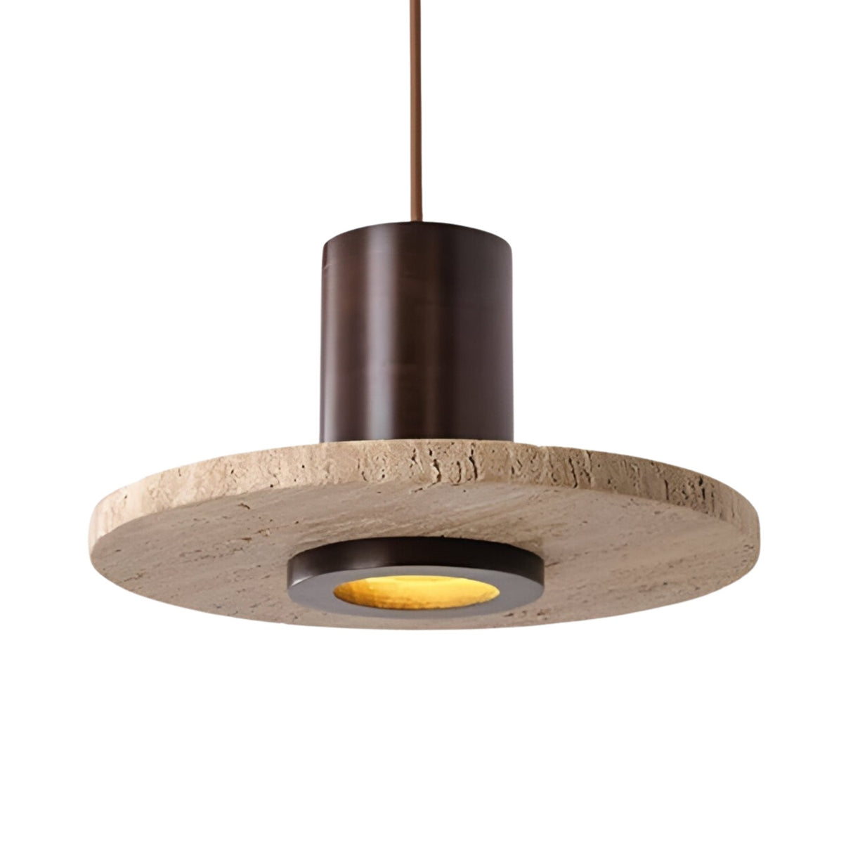 The Torvane 1 Light Large Wide Disc Travertine Single Pendant Light features a walnut brown cylindrical fixture and flat light beige travertine shade, suspended by a single cord with a recessed center light for a modern, sleek look.
