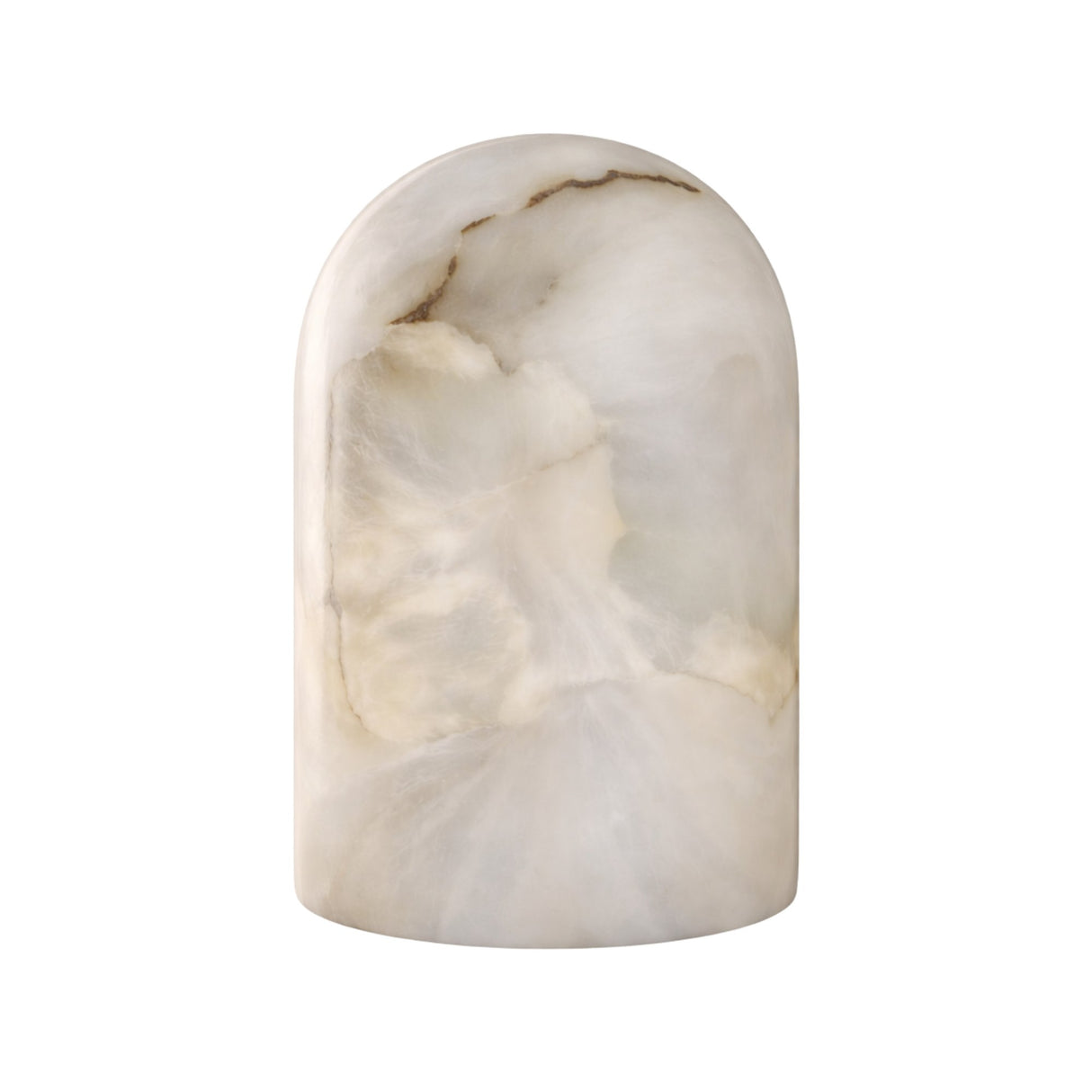 The Virelle LED Arched Dome Alabaster Table Lamp in soft white features a smooth, dome-shaped design crafted from white and beige marble with brown veining, capturing the refined elegance of a Spanish alabaster lamp.