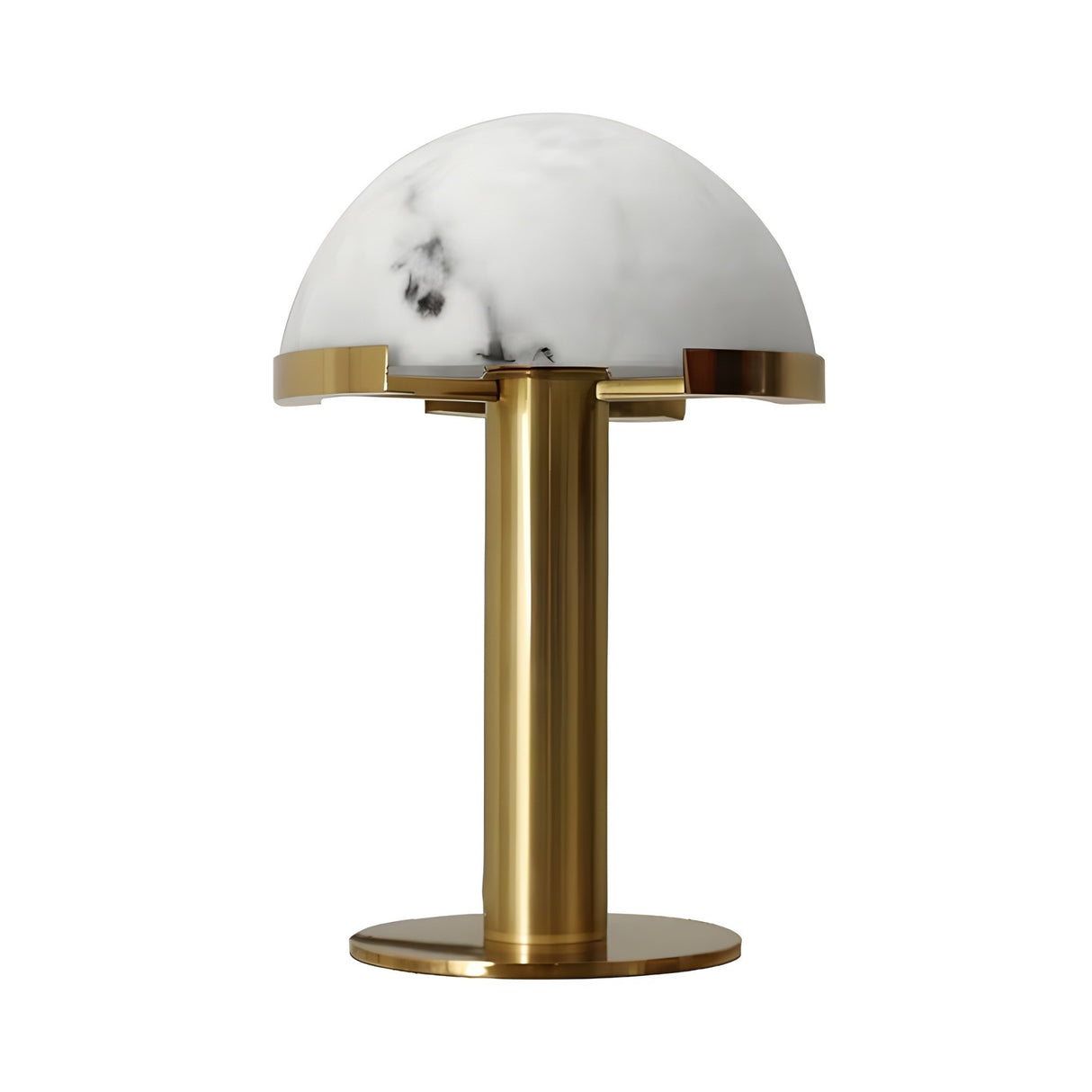 The Noctelis 1 Light Dome Alabaster Table Lamp features a soft white half-sphere alabaster shade and a sleek brass cylindrical base, shown here against a white background.